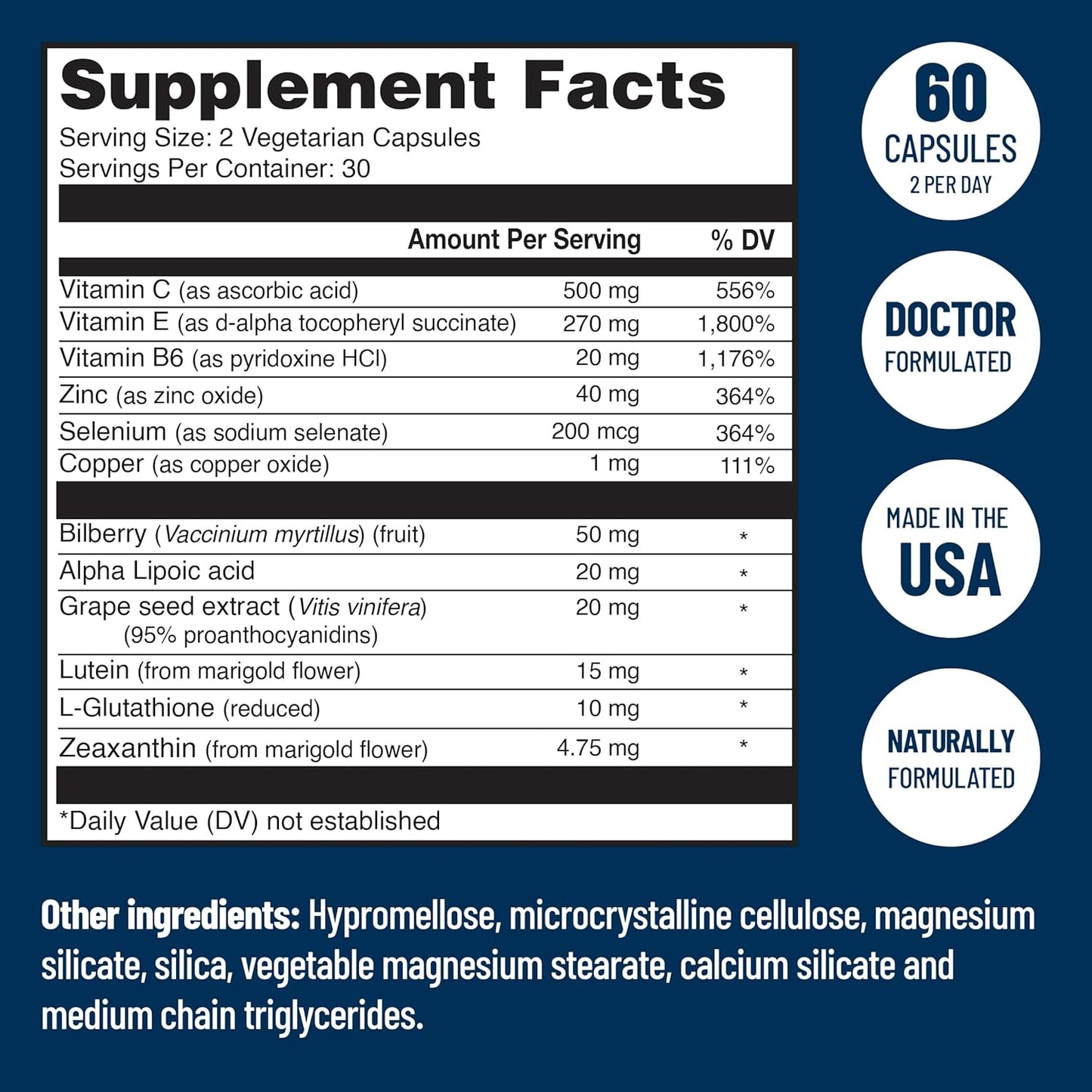 Doctor Formulated AREDS 2 Plus Eye Vitamins with Zeaxanthin, Lutein, Bilberry, and Grape Seed Extract - Macular Health Formula - 60 Capsules
