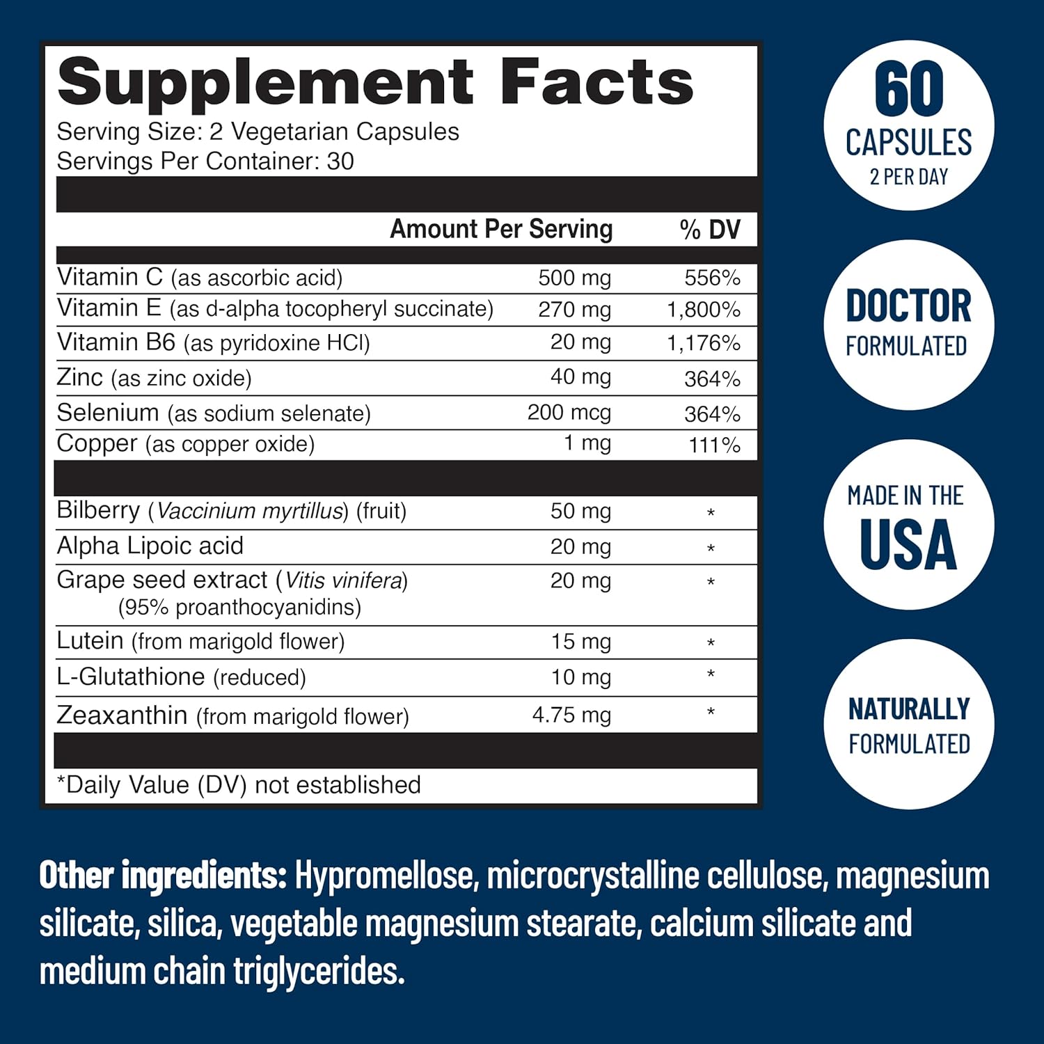 Doctor Formulated AREDS 2 Plus Eye Vitamins with Zeaxanthin, Lutein, Bilberry, and Grape Seed Extract - Macular Health Formula - 60 Capsules