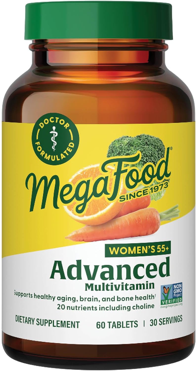 Doctor-Formulated MegaFood Women's 55+ Advanced Multivitamin with Choline, Vitamin D3, B12, Biotin - Real Food, Optimal Aging - Vegetarian - 60 Tabs