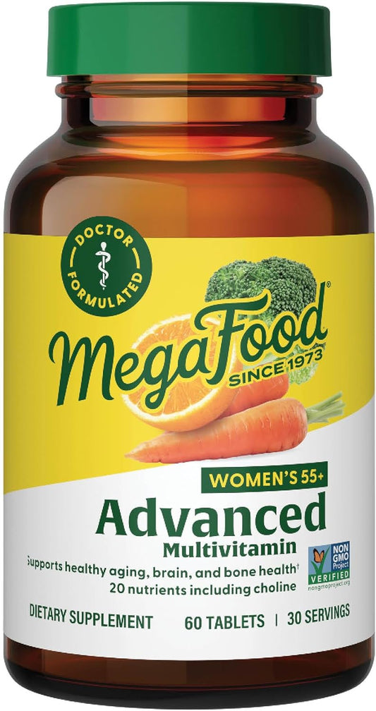 Doctor-Formulated MegaFood Women's 55+ Advanced Multivitamin with Choline, Vitamin D3, B12, Biotin - Real Food, Optimal Aging - Vegetarian - 60 Tabs