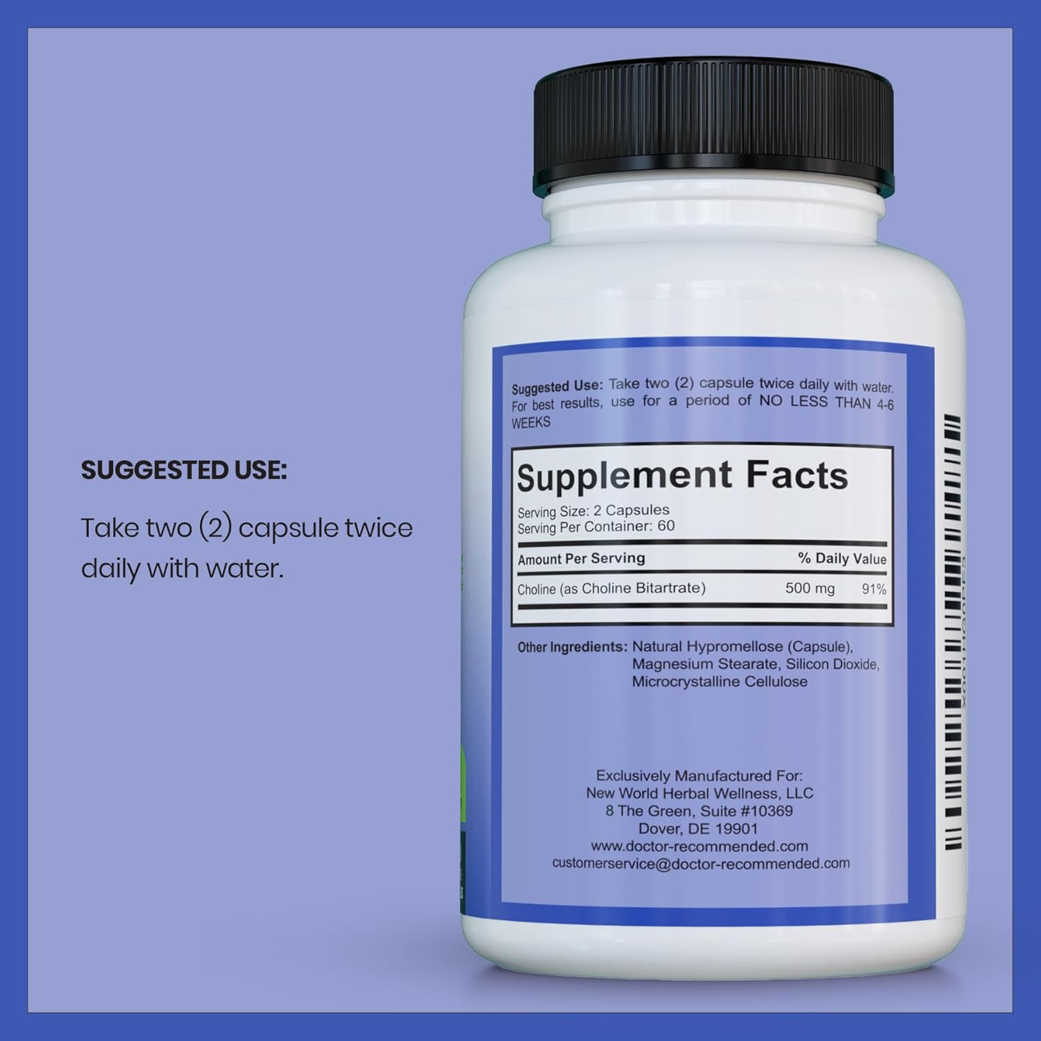 Doctor Recommended Premium Choline Supplement - 500mg - 120 Veggie Capsules - Cognitive Health and Memory Support