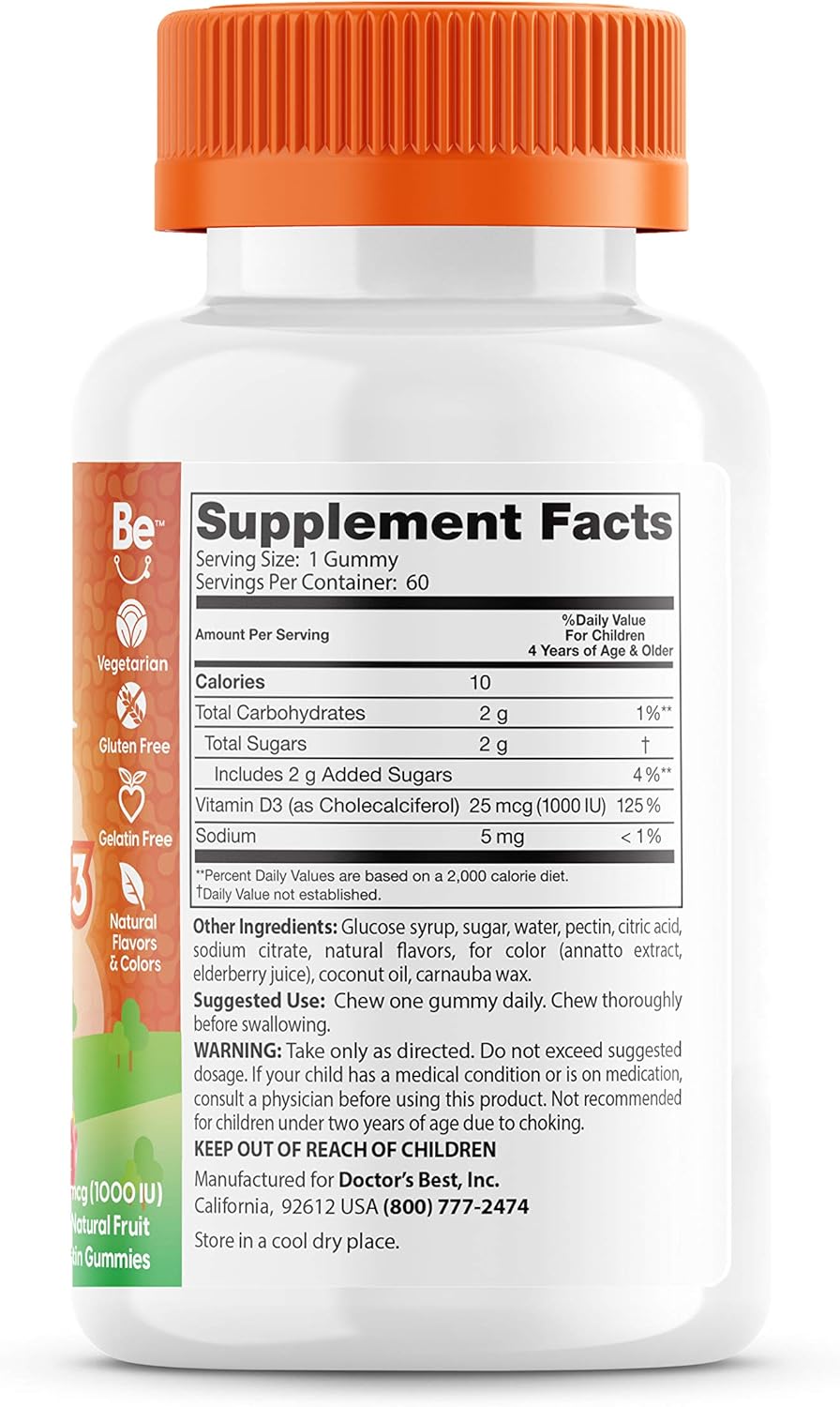 Doctor's Best Doc's Kids Vitamin D3 Gummies 1000iu for Children - Supports Bone Health, Immunity, 60 Count