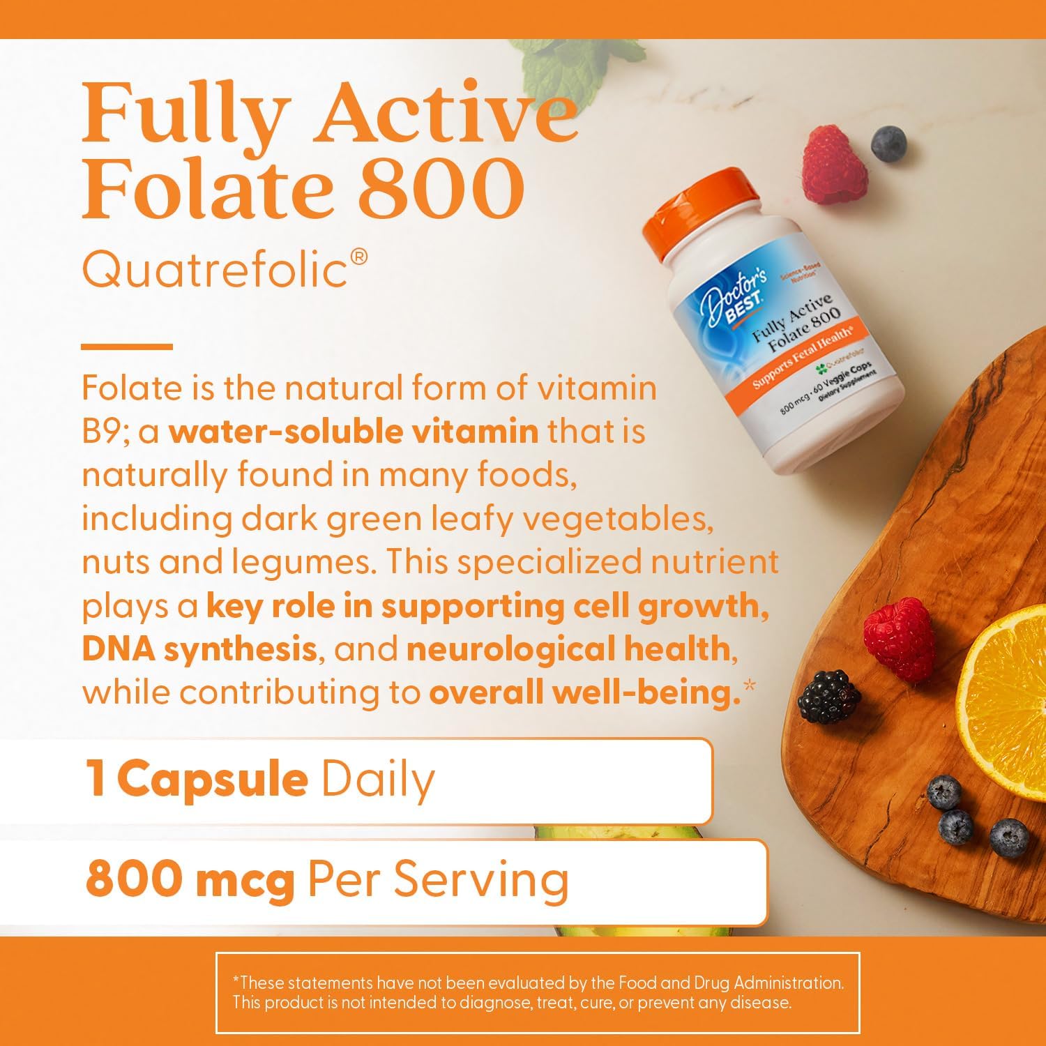 Doctor's Best Fully Active Folate 800 - Supports Fetal Health - Non-GMO, Gluten Free, Vegan - 60 Veggie Capsules