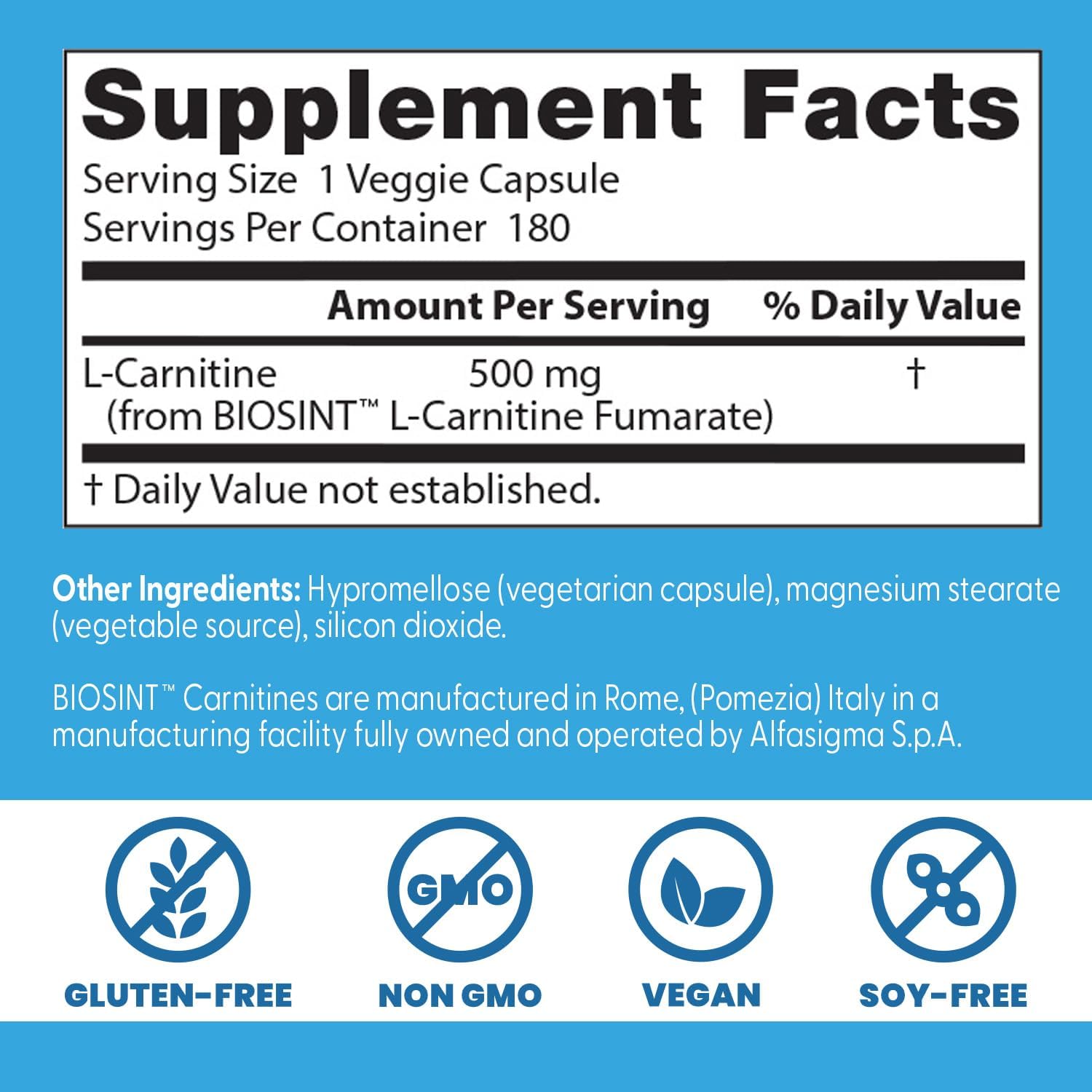 Doctor's BEST L-Carnitine Fumarate - Vegan Healthy Weight Support Supplement, Non-GMO, Gluten Free, Soy Free - 180 Veggie Capsules