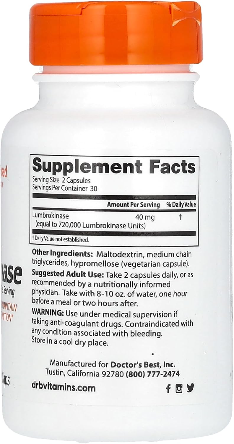 Doctor's Best Lumbrokinase Supplement for Heart Function Support - 60 Veggie Capsules (720,000 Units Per Serving)