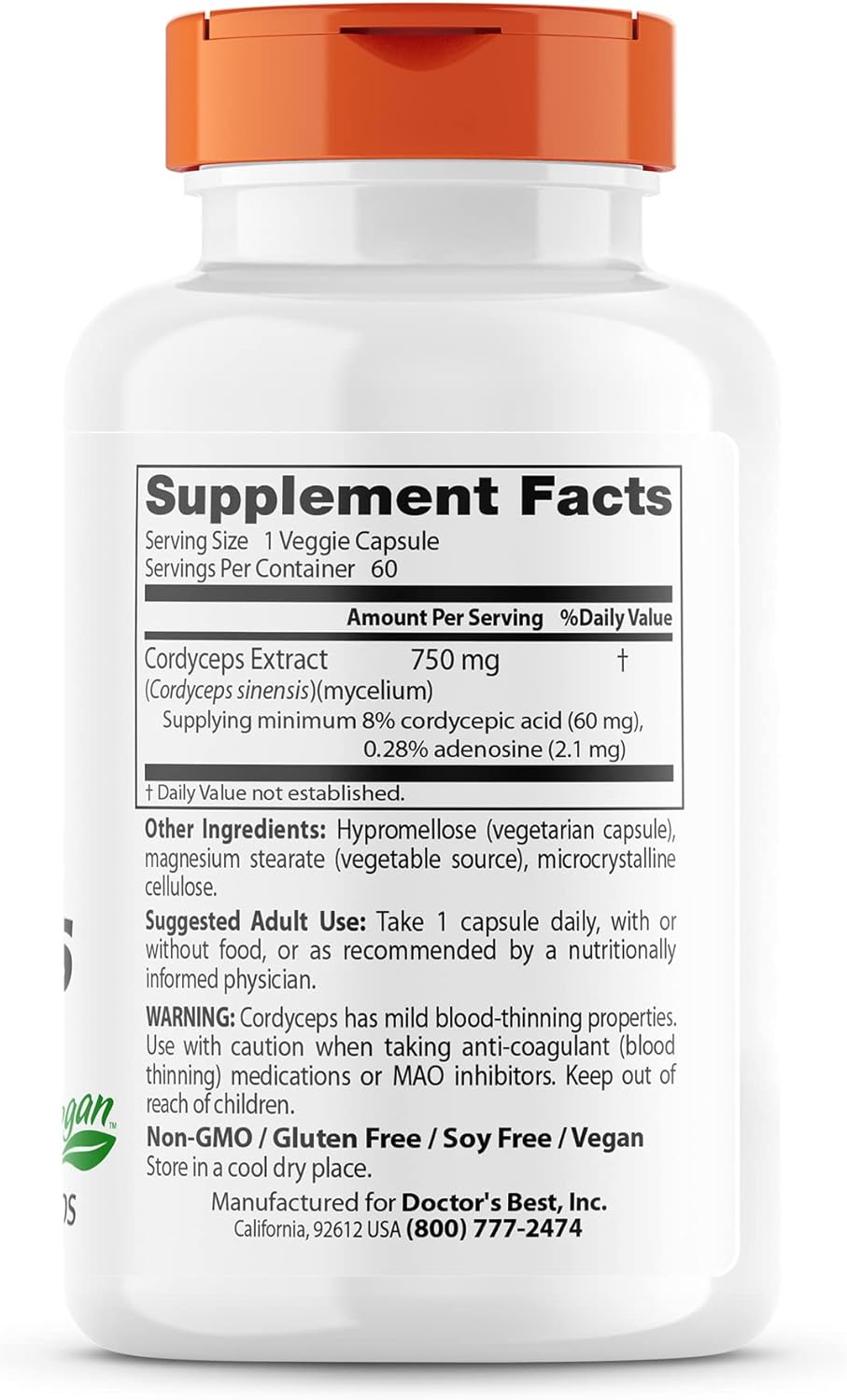 Doctor's Best Ultra Cordyceps Capsules - Non-GMO, Vegan, Gluten-Free, Soy-Free - 60 Count