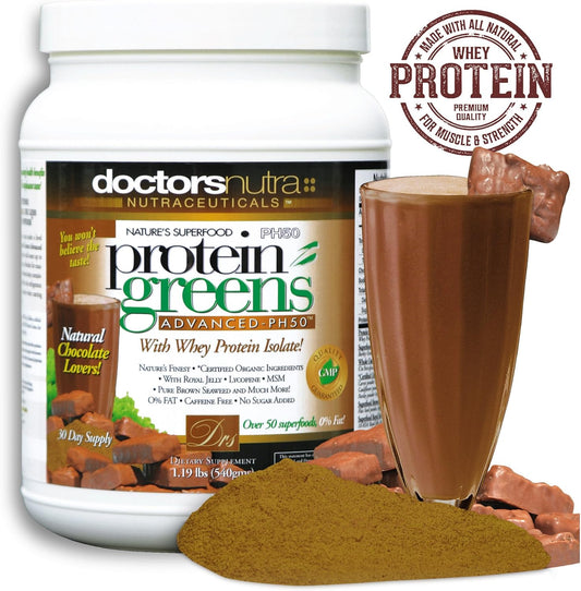 Doctors Nutra Nutraceuticals PH50 Protein Greens Drink - 540g - Organic Ingredients - Superfoods, Digestive Enzymes - Chocolate Flavor