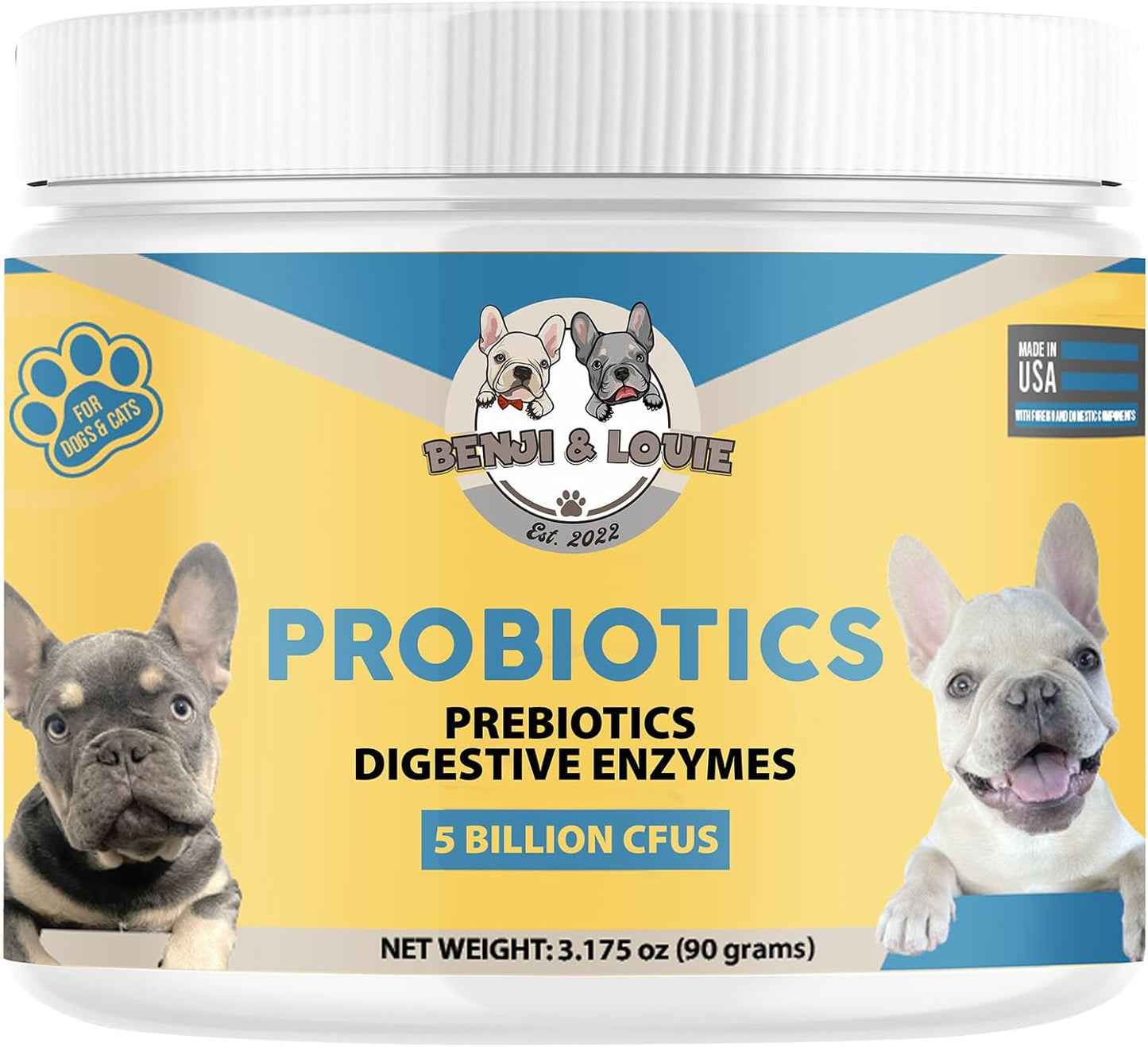 Dog and Cat Probiotics with 5 Billion CFUs, Prebiotics, and Digestive Enzymes for Digestive Health, Immune Support, Skin, and Coat - 90 Grams