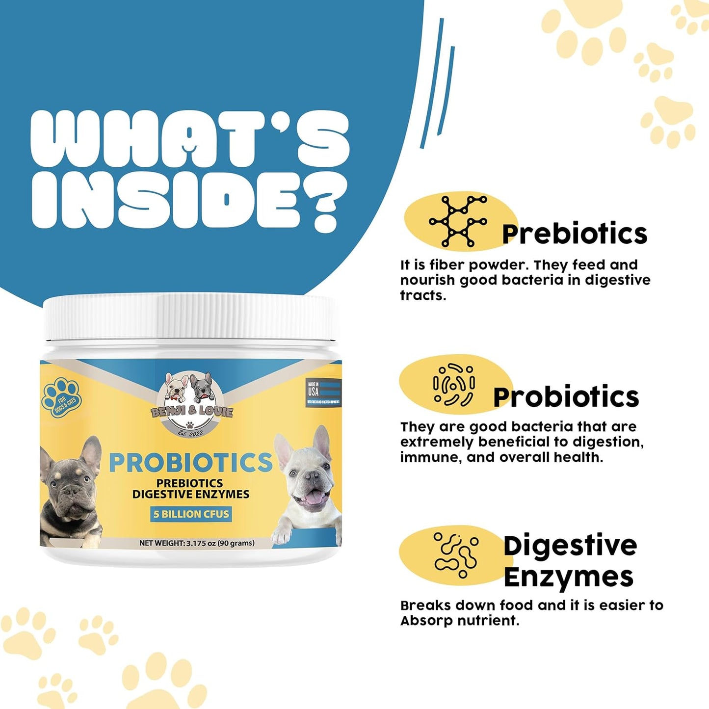 Dog and Cat Probiotics with 5 Billion CFUs, Prebiotics, and Digestive Enzymes for Digestive Health, Immune Support, Skin, and Coat - 90 Grams