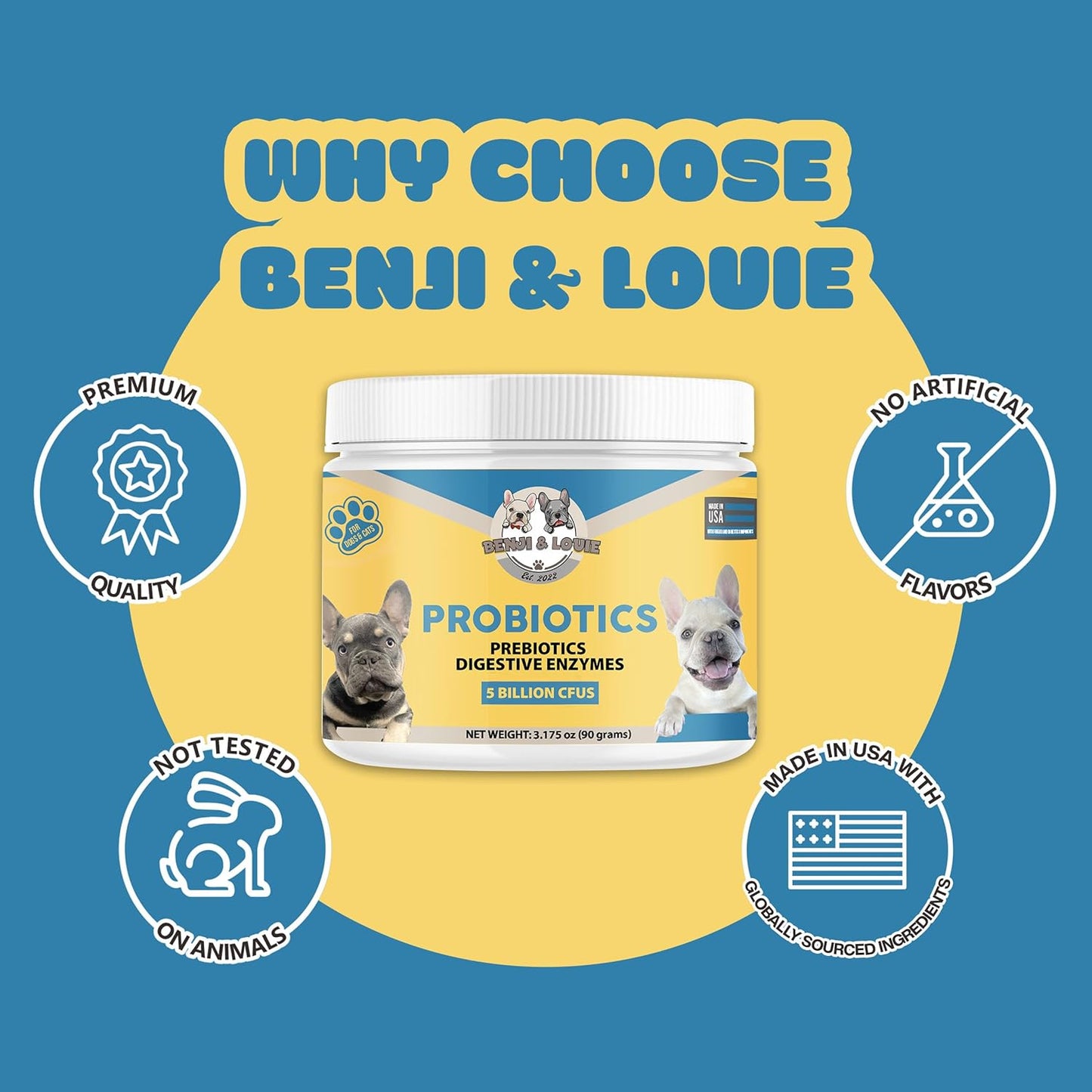 Dog and Cat Probiotics with 5 Billion CFUs, Prebiotics, and Digestive Enzymes for Digestive Health, Immune Support, Skin, and Coat - 90 Grams