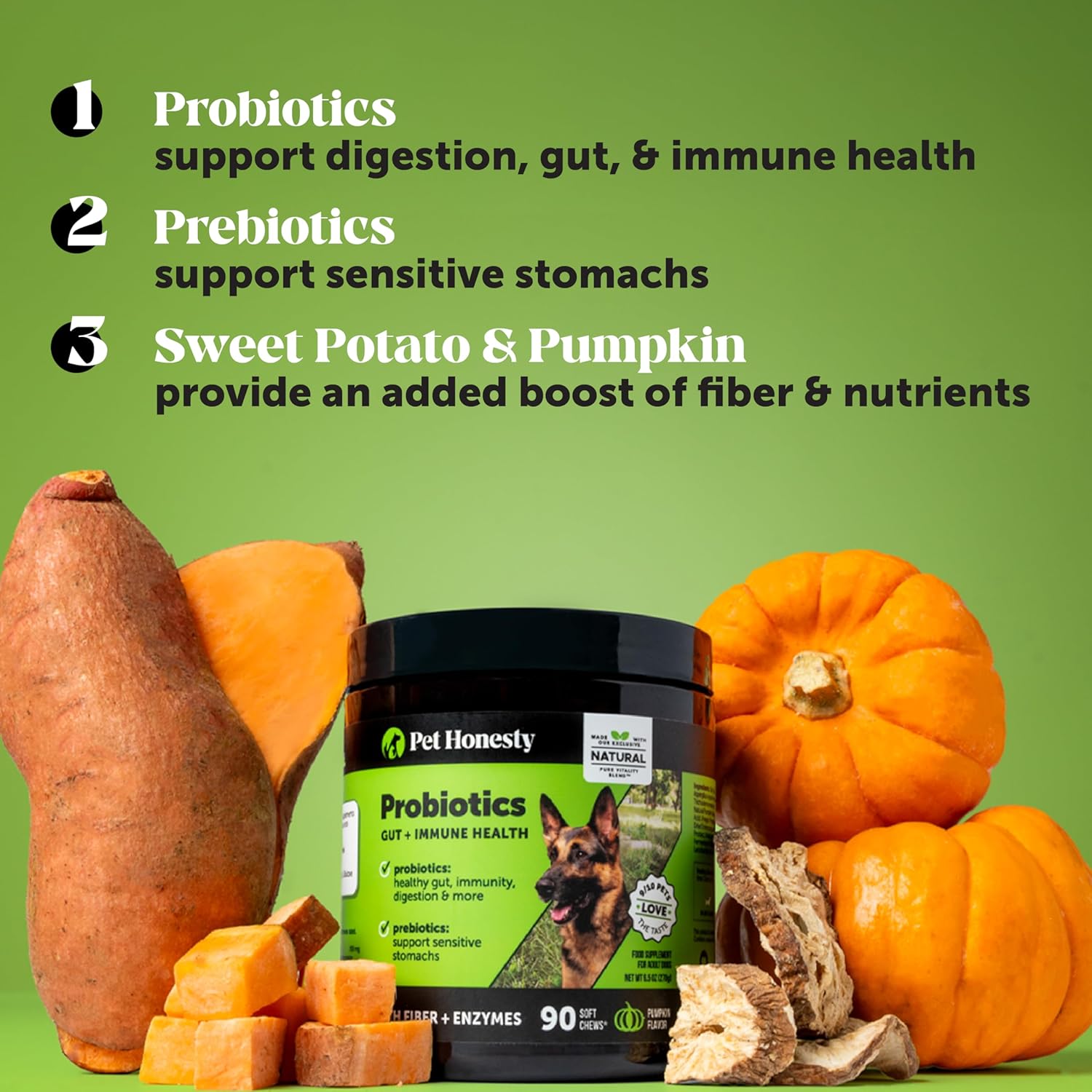 Dog Digestive Health Support Probiotics with Prebiotics, Enzymes, Immunity Boost & Itch Relief - Pumpkin Flavored, 90 Count