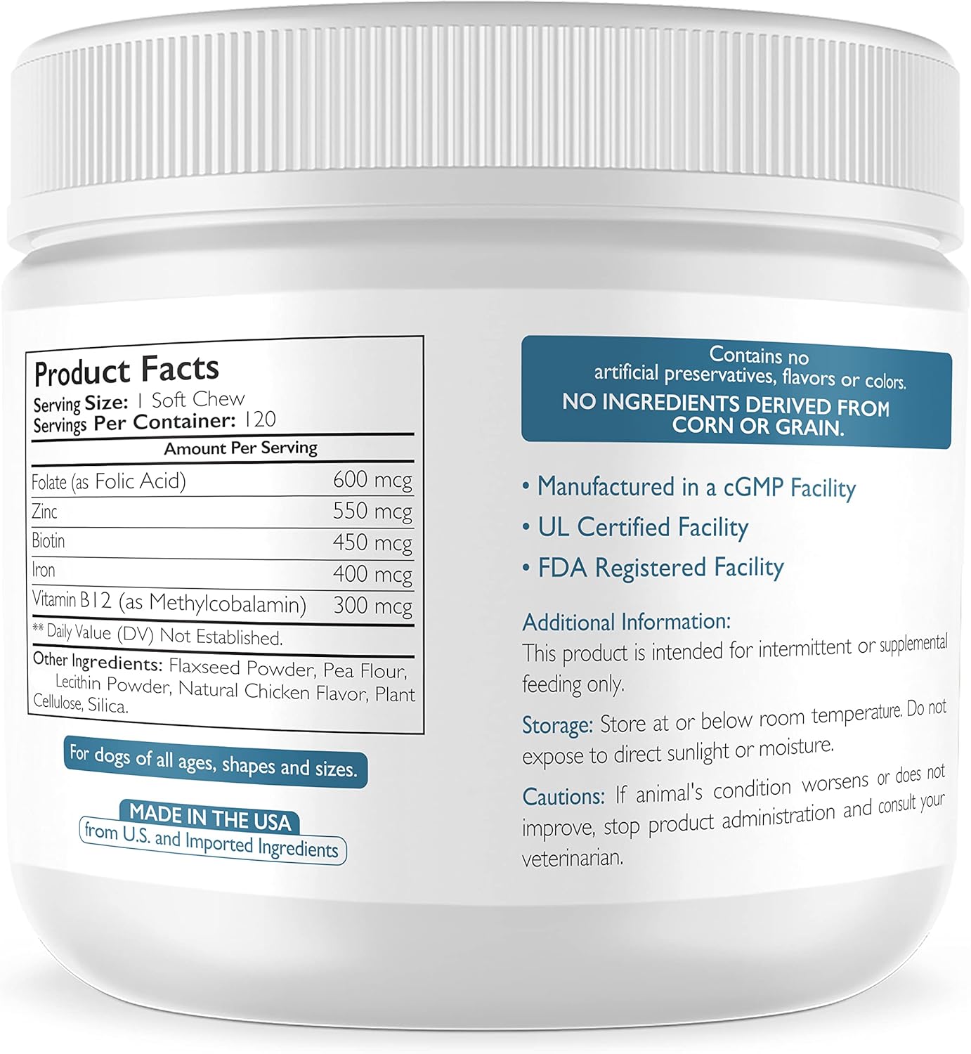 Dog Folate Supplement for Cardiovascular & Prenatal Health with Folic Acid, Zinc, Biotin, Iron & Vitamin B12