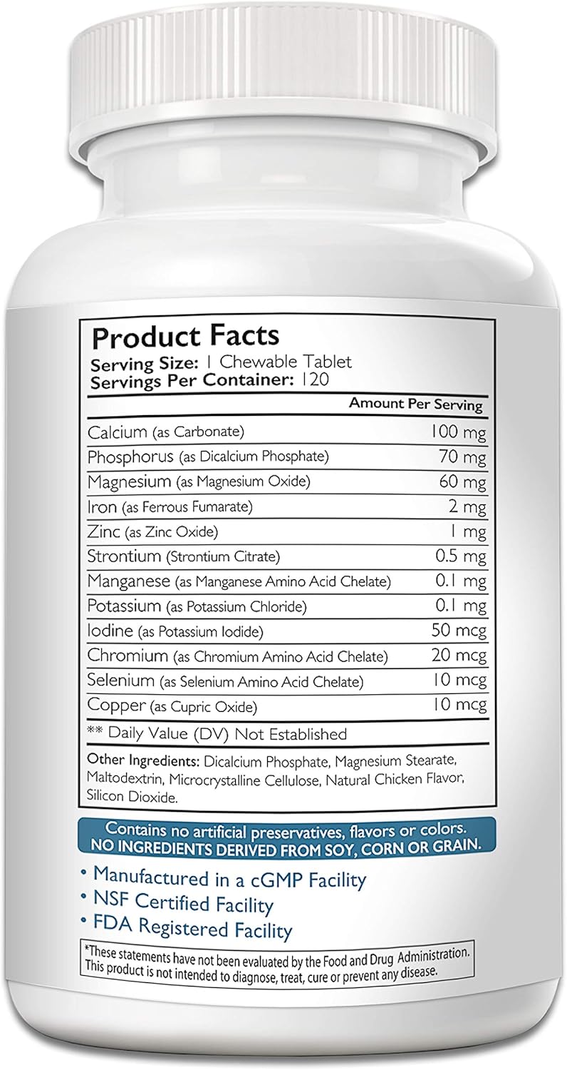 Dog Mineral Supplement for Cell & Nerve Support, Strong Bones & Muscles, Overall Health Boost with Calcium, Phosphorus, Magnesium, Potassium, Selenium, Iron, Zinc, 120 Chewable Tablets