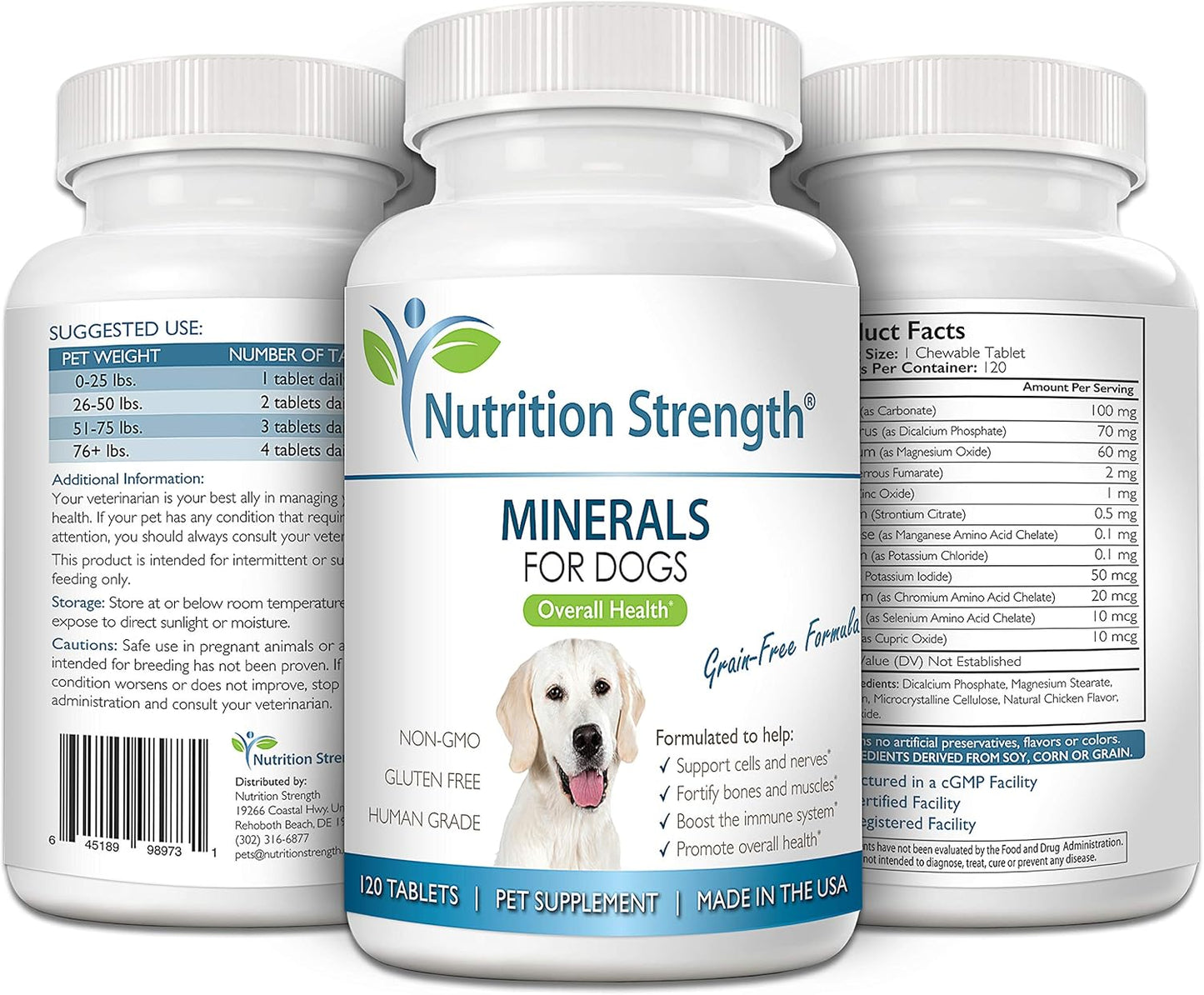 Dog Mineral Supplement for Cell & Nerve Support, Strong Bones & Muscles, Overall Health Boost with Calcium, Phosphorus, Magnesium, Potassium, Selenium, Iron, Zinc, 120 Chewable Tablets