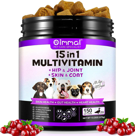 Dog Multivitamin Chews with Glucosamine, Probiotics, and 15-in-1 Daily Vitamins for Pet Health, Skin, Immunity, Digestion, Joints, and Heart - 150 Treats