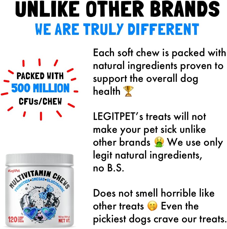 Dog Multivitamin Chews with Glucosamine, Probiotics, and Omegas for Joint, Immune, Skin, and Heart Health - 120 Count