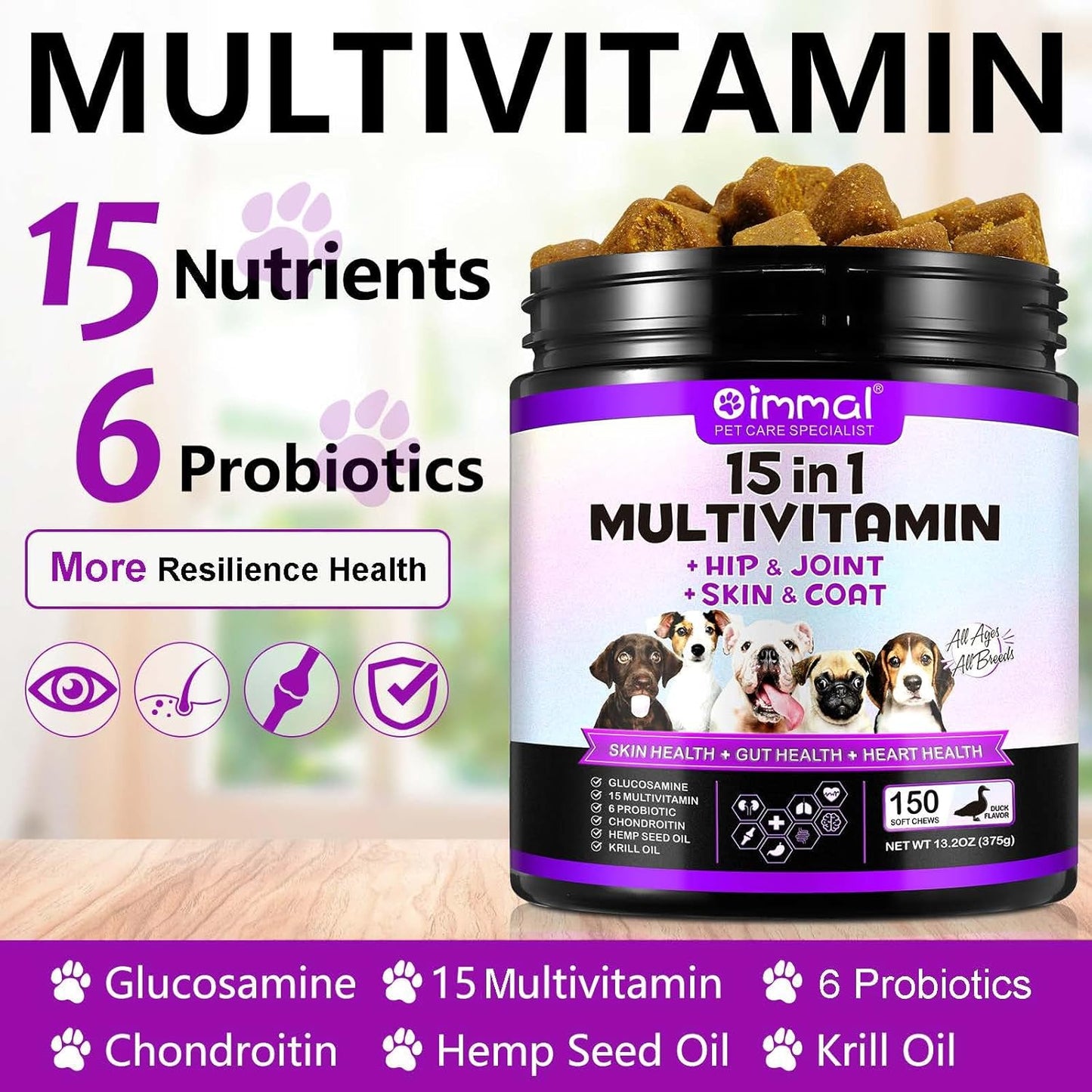 Dog Multivitamin Chews with Glucosamine, Probiotics, and 15-in-1 Daily Vitamins for Pet Health, Skin, Immunity, Digestion, Joints, and Heart - 150 Treats