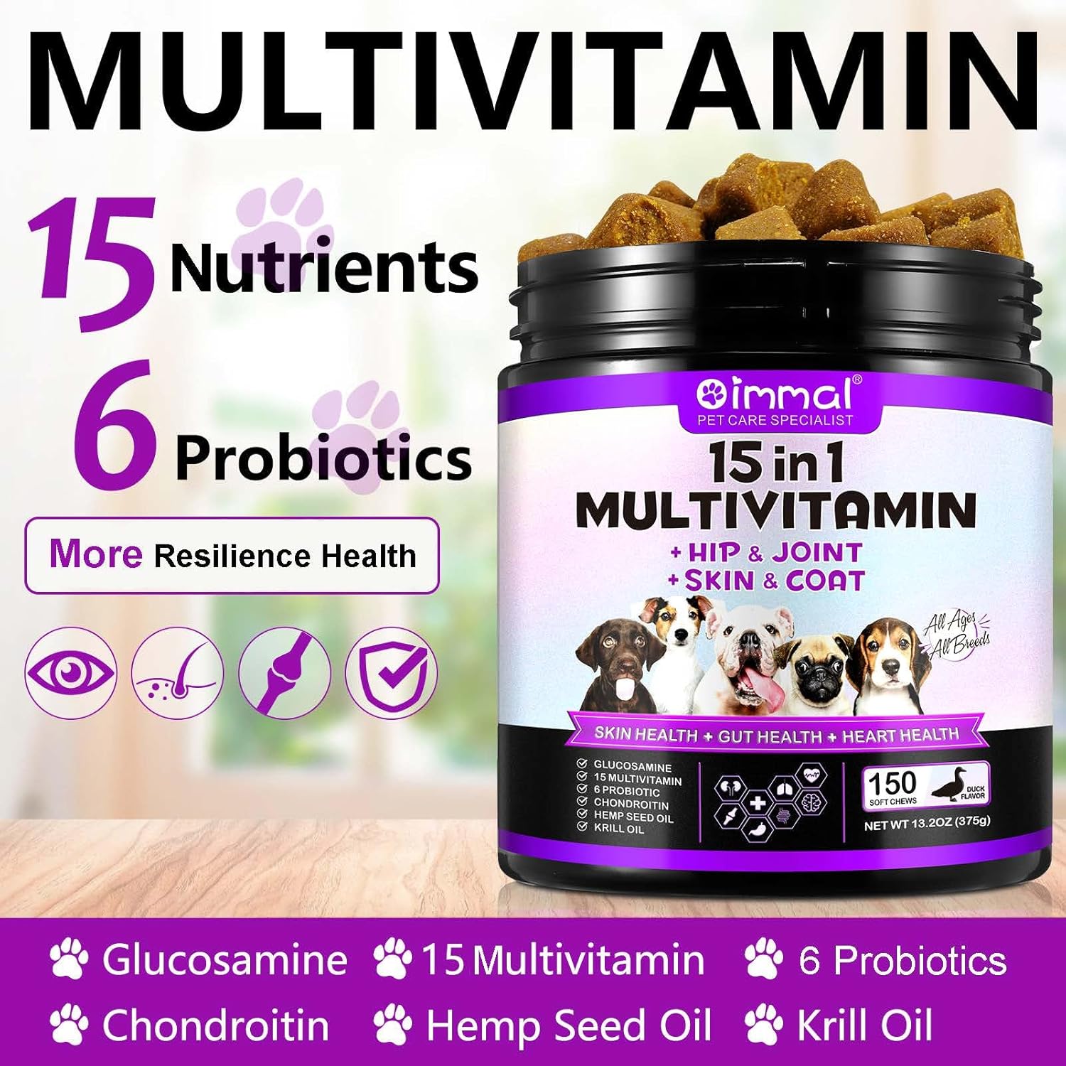 Dog Multivitamin Chews with Glucosamine, Probiotics, and 15-in-1 Daily Vitamins for Pet Health, Skin, Immunity, Digestion, Joints, and Heart - 150 Treats