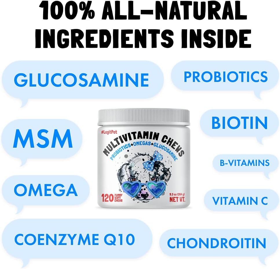 Dog Multivitamin Chews with Glucosamine, Probiotics, and Omegas for Joint, Immune, Skin, and Heart Health - 120 Count