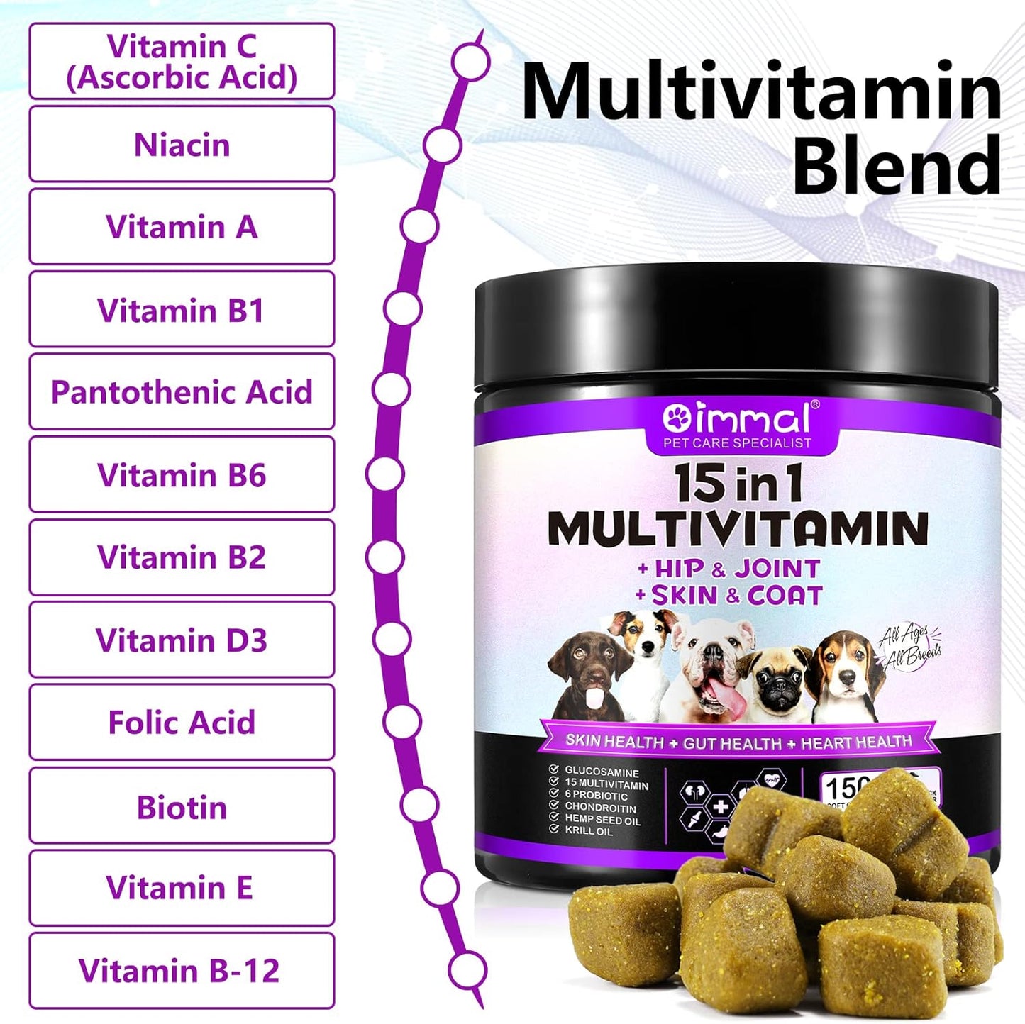 Dog Multivitamin Chews with Glucosamine, Probiotics, and 15-in-1 Daily Vitamins for Pet Health, Skin, Immunity, Digestion, Joints, and Heart - 150 Treats