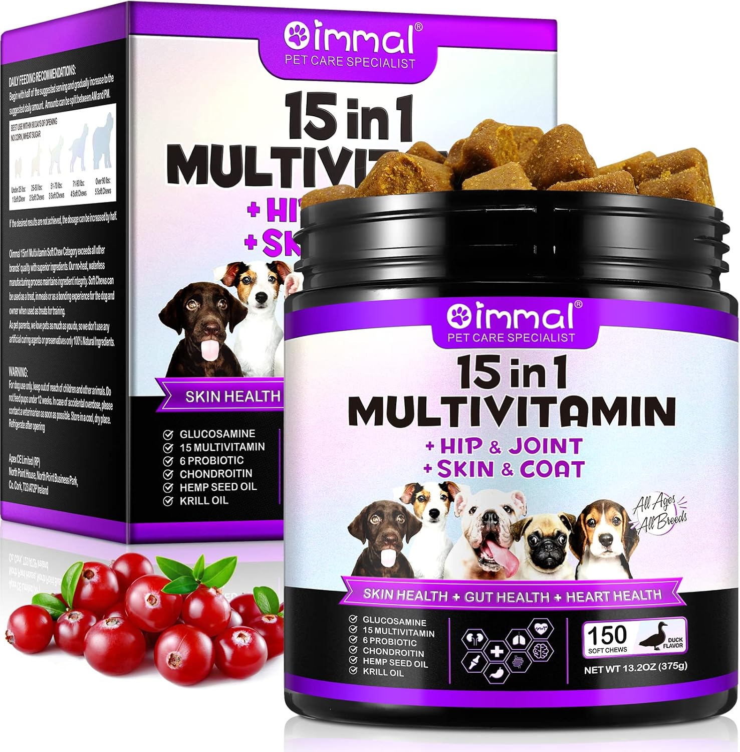 Dog Multivitamin Chews with Glucosamine, Probiotics, and 15-in-1 Daily Vitamins for Pet Health, Skin, Immunity, Digestion, Joints, and Heart - 150 Treats