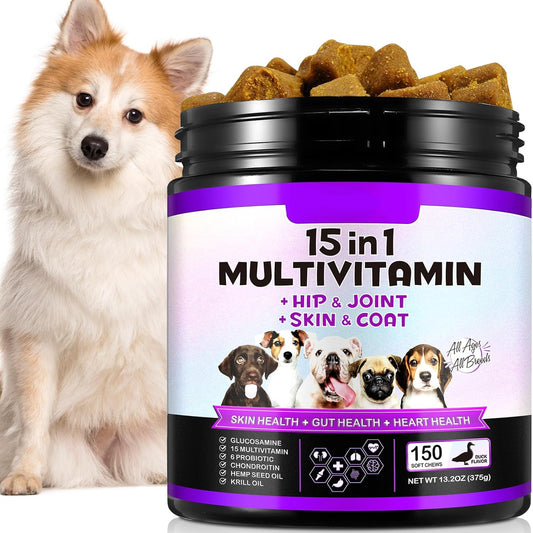 Dog Multivitamin Supplements with Glucosamine & Probiotics for Skin, Immunity, Digestion & Joint Health - 150 Duck Flavor Chews