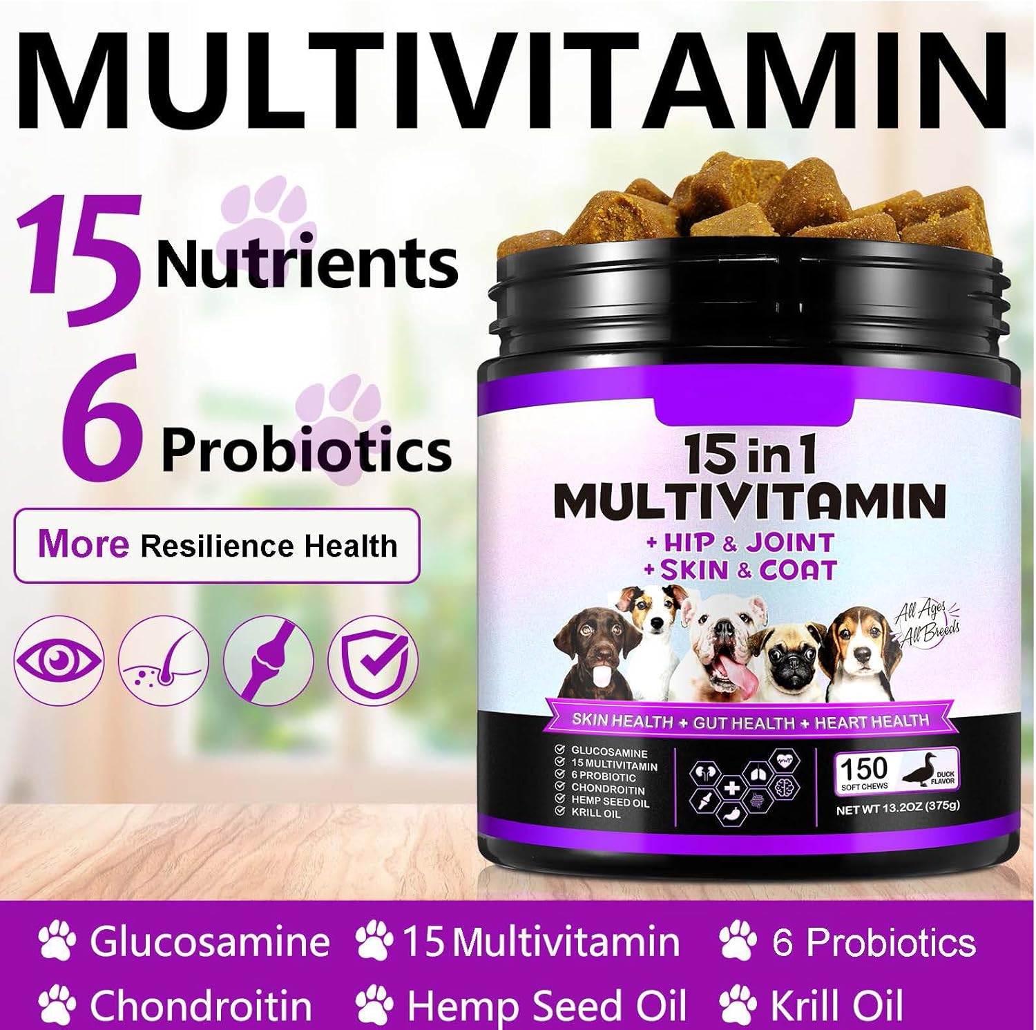 Dog Multivitamin Supplements with Glucosamine & Probiotics for Skin, Immunity, Digestion & Joint Health - 150 Duck Flavor Chews