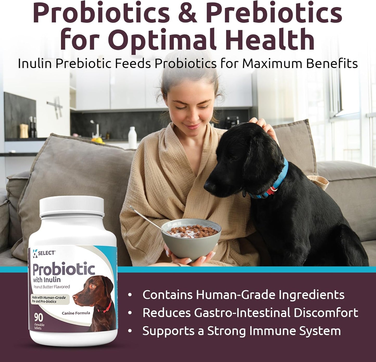 Dog Probiotic Chewable Tablets with Inulin for Healthy Digestion - 90 Count - Supports Nutrient Absorption - Digestive Enzymes for Dogs