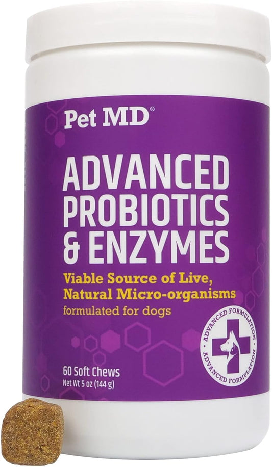 Dog Probiotic Chews with Prebiotics for Digestive Health - 60 ct - Aid for Upset Stomach, Diarrhea, Constipation, Gas - Pet MD Functional Enzymes