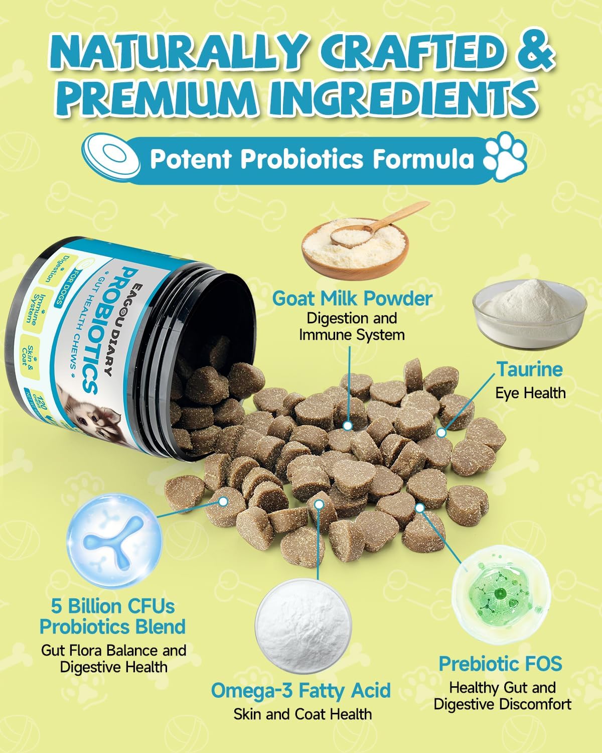 Dog Probiotic Chews with Prebiotics, Goat Milk, Omega 3, Vitamins - 120 Ct
