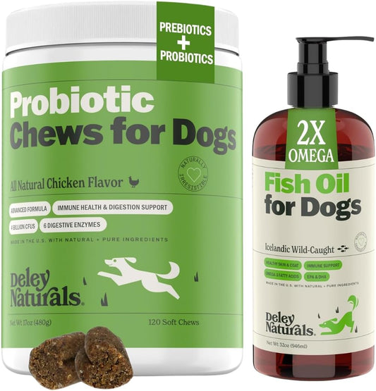 Dog Probiotics and Fish Oil Bundle - 120 Chews Probiotics + 32 oz Fish Oil - Omega 3-6-9, GMO Free, Made in USA