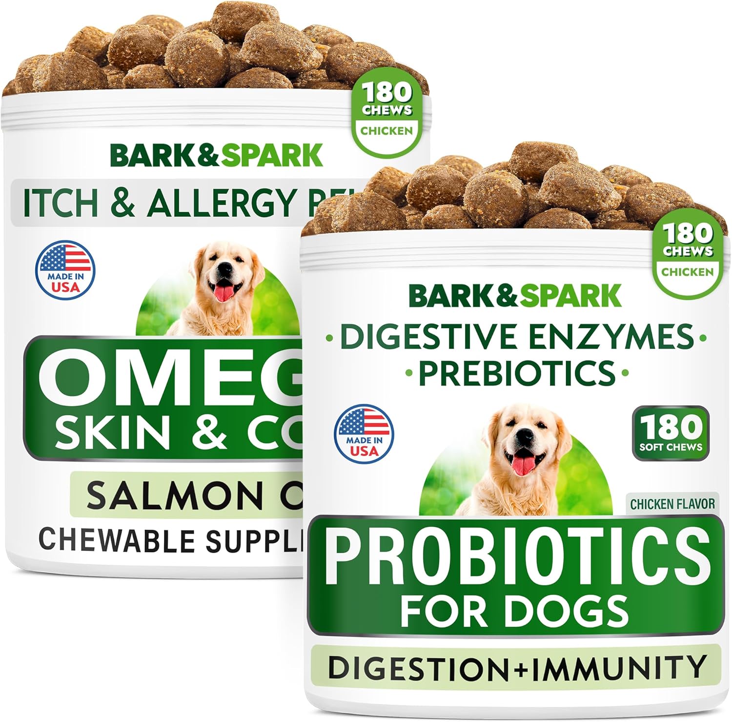 Dog Probiotics Chews with Omega 3 Bundle for Digestive and Skin Health - Gas, Diarrhea, Constipation, Allergy Relief + Coat Support