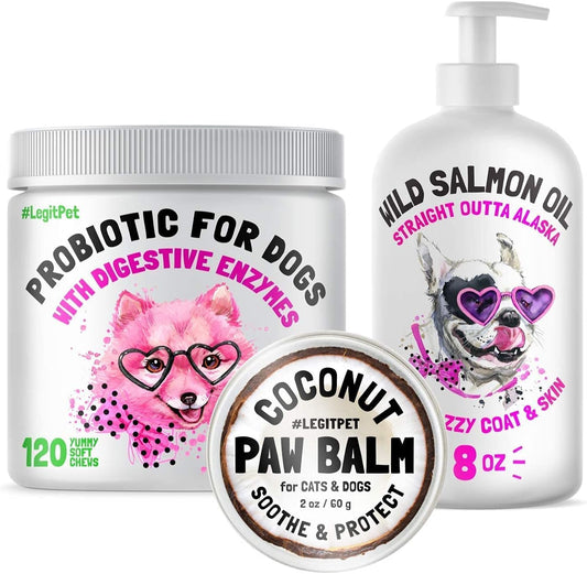 Dog Probiotics with Enzymes, Salmon Oil, and Paw Balm Bundle for Digestive Health and Skin Care