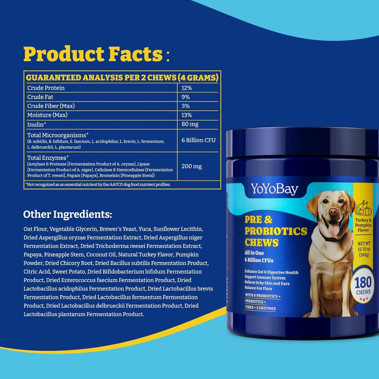 Dog Probiotics with Prebiotics, Digestive Enzymes - 6 Billion CFUs for Gut, Immune & Skin Health - Turkey & Pumpkin Flavor, 180 Soft Chews