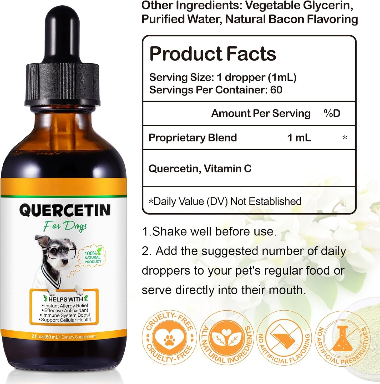 Dog Quercetin Liquid Drops Herbal Supplement for Allergy Relief, Cellular Health, Immune Boost - 60 ml