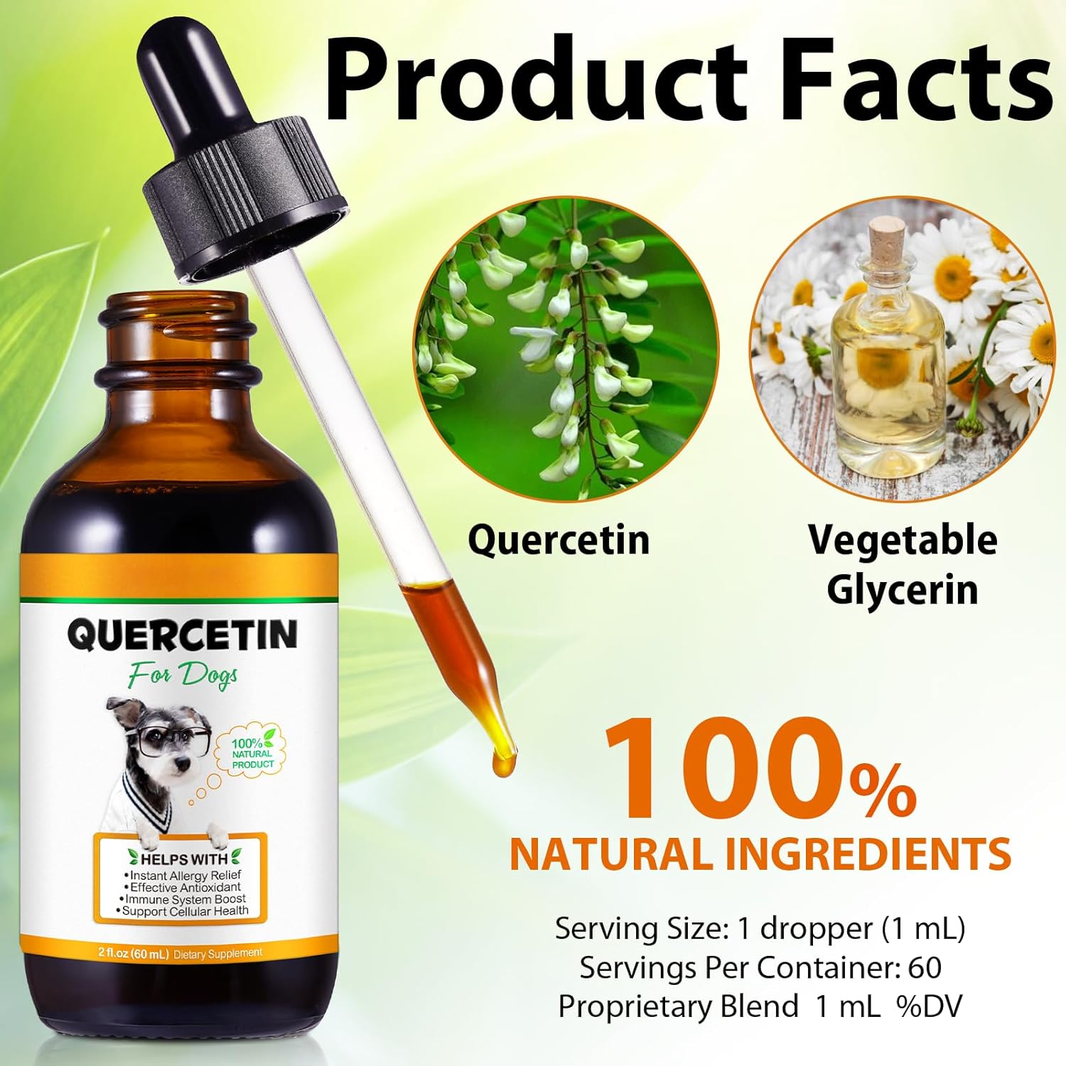 Dog Quercetin Liquid Drops Herbal Supplement for Allergy Relief, Cellular Health, Immune Boost - 60 ml