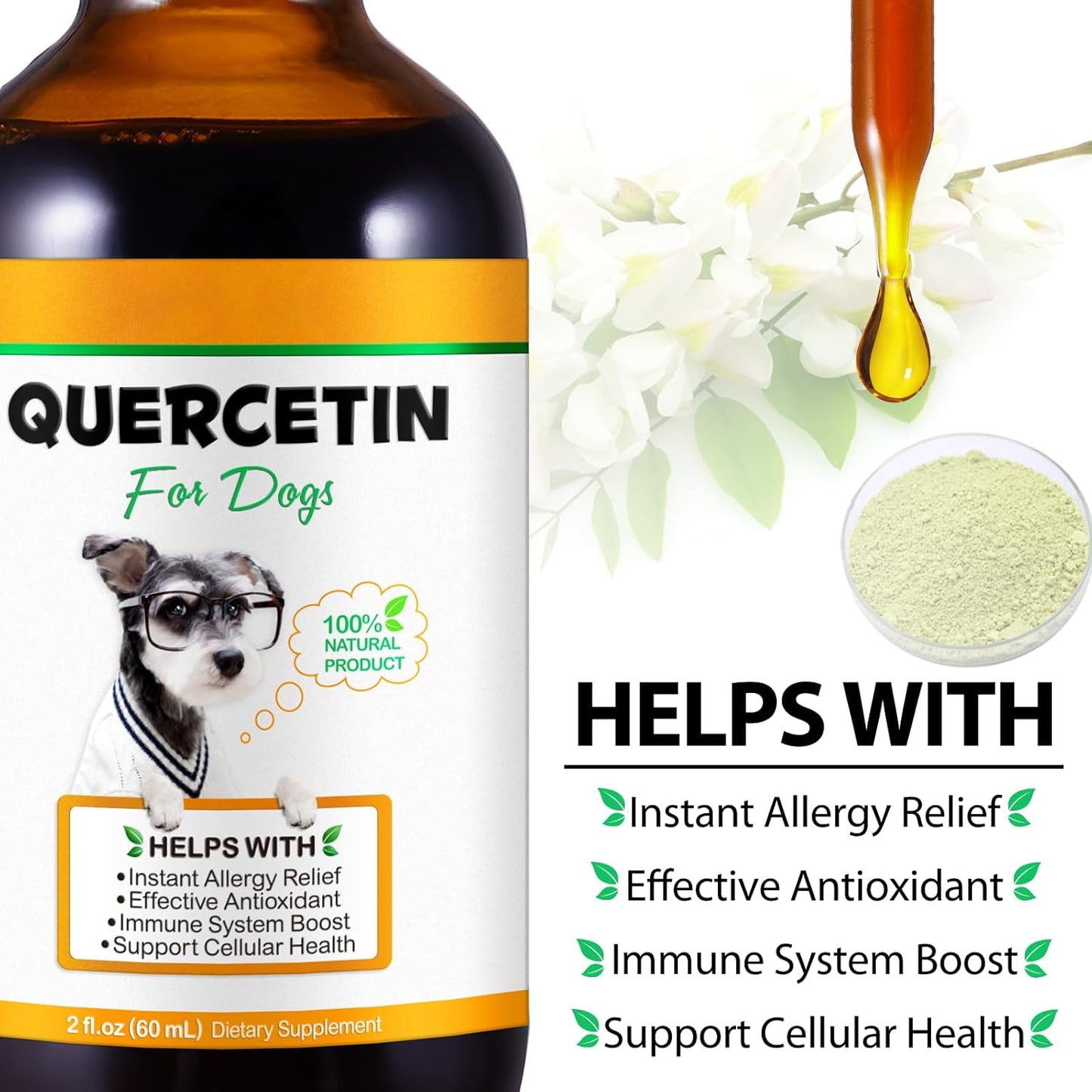 Dog Quercetin Liquid Drops Herbal Supplement for Allergy Relief, Cellular Health, Immune Boost - 60 ml