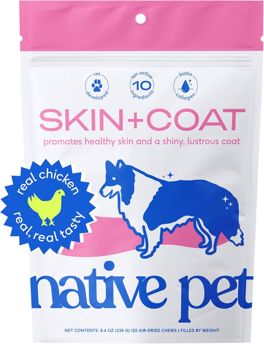 Dog Skin and Coat Supplement with Omega 3 Fish Oil and Salmon Oil - 120 Chews for Healthy Fur, Reduce Shedding and Dry Spots - By Native Pet