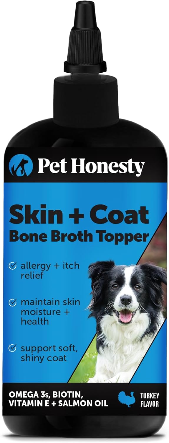 Dog Skin & Coat Supplement with Salmon Oil for Allergy Itch Relief & Health - Bone Broth Topper with Collagen, Biotin, Vitamin E
