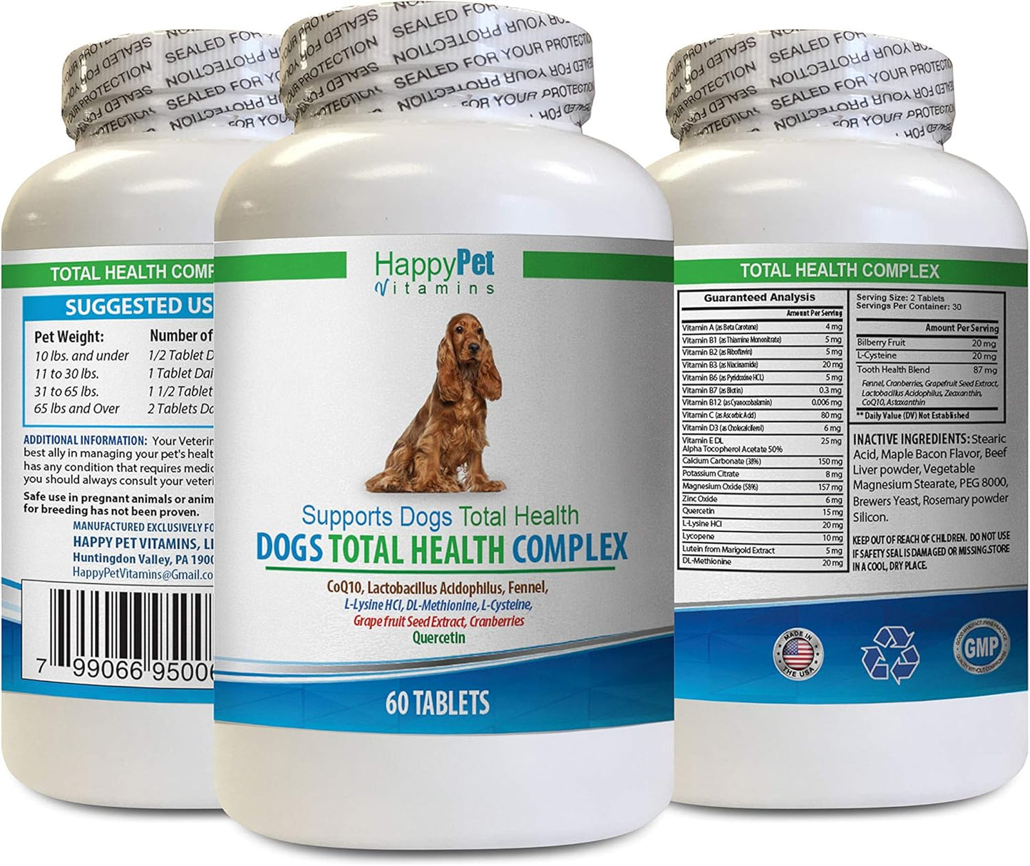 Dog Total Health Complex Supplement with Quercetin for Healthy Coat, Immune System, Eyes, Teeth, and UTI - Natural Treats for Dogs - 1 Bottle of 60 Treats