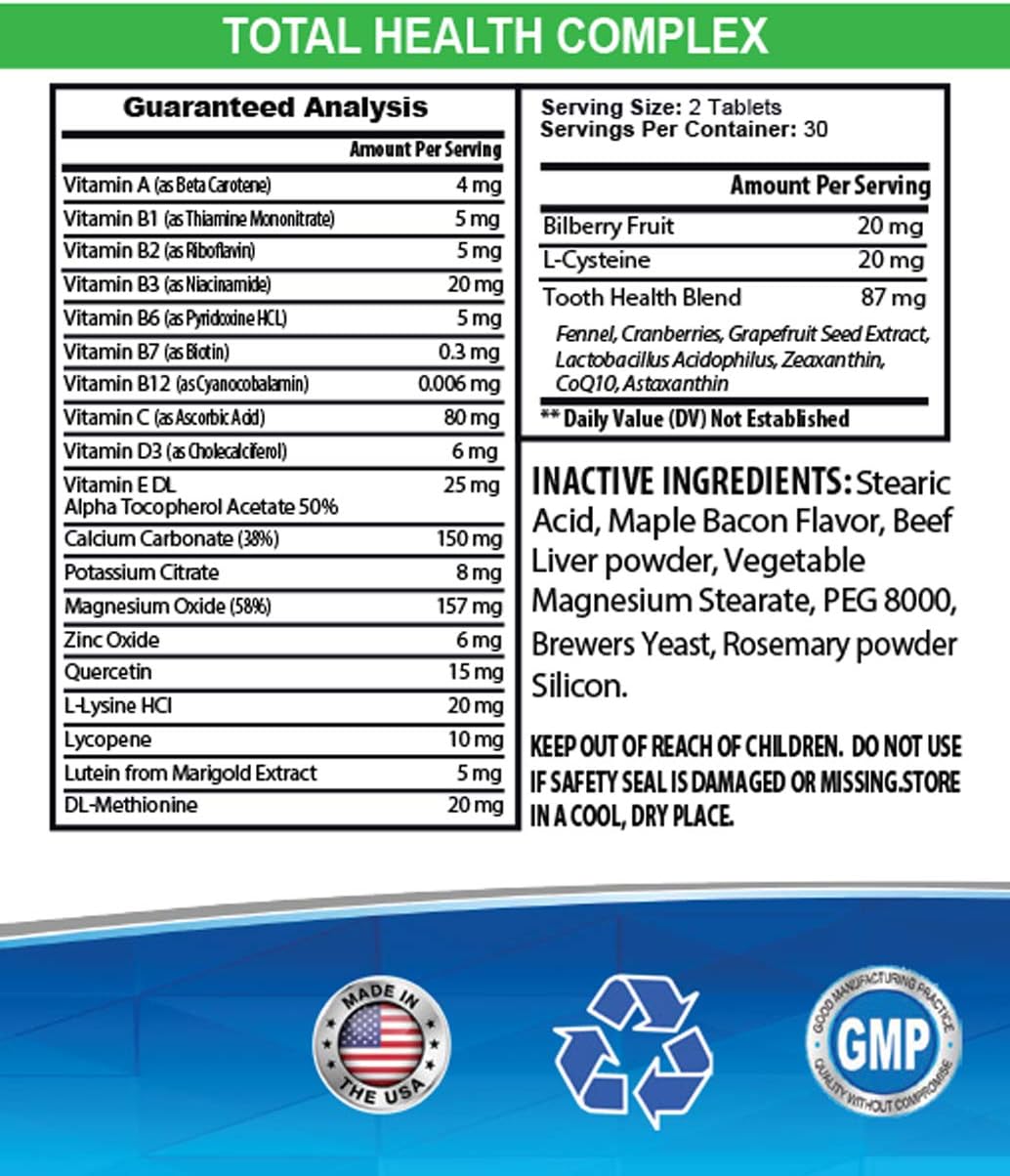 Dog Total Health Complex Supplement with Quercetin for Healthy Coat, Immune System, Eyes, Teeth, and UTI - Natural Treats for Dogs - 1 Bottle of 60 Treats