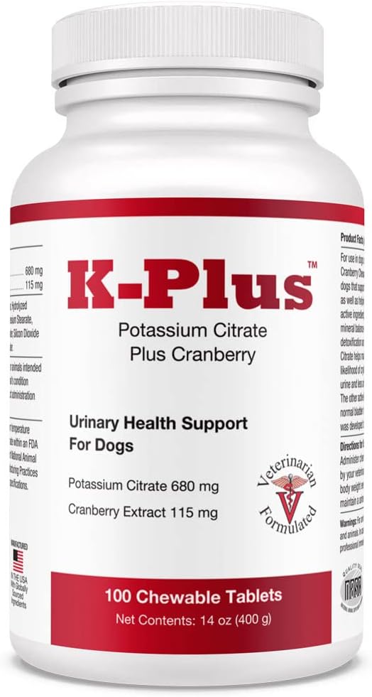 Dog UTI Remedy: K-Plus Potassium Citrate & Cranberry Chewable Tablets - Supports Bladder Health for All Breeds - 100 Tabs