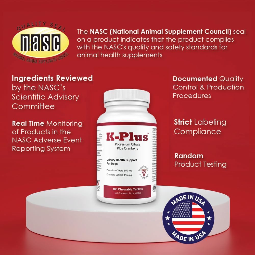 Dog UTI Remedy: K-Plus Potassium Citrate & Cranberry Chewable Tablets - Supports Bladder Health for All Breeds - 100 Tabs