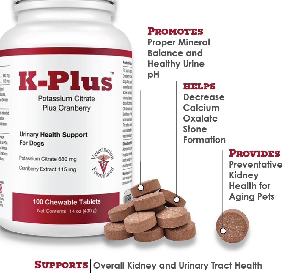Dog UTI Remedy: K-Plus Potassium Citrate & Cranberry Chewable Tablets - Supports Bladder Health for All Breeds - 100 Tabs