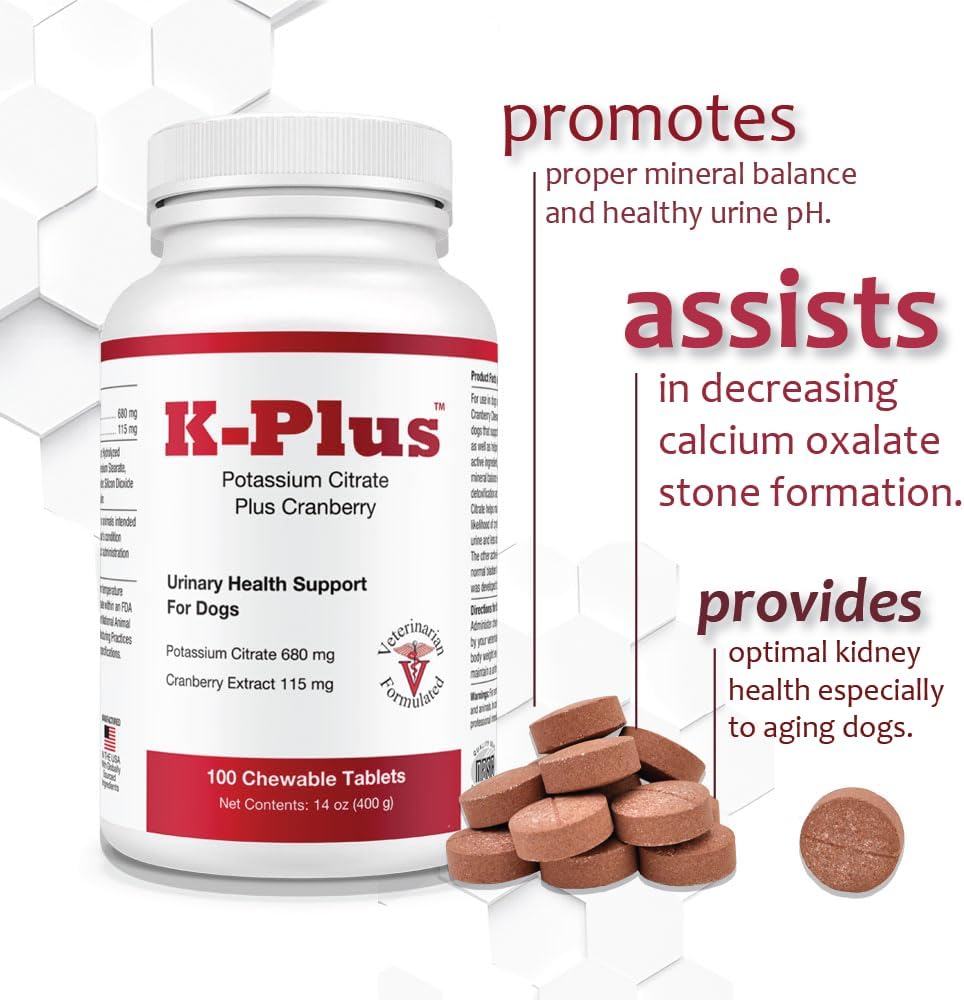 Dog UTI Remedy: K-Plus Potassium Citrate & Cranberry Chewable Tablets - Supports Bladder Health for All Breeds - 100 Tabs