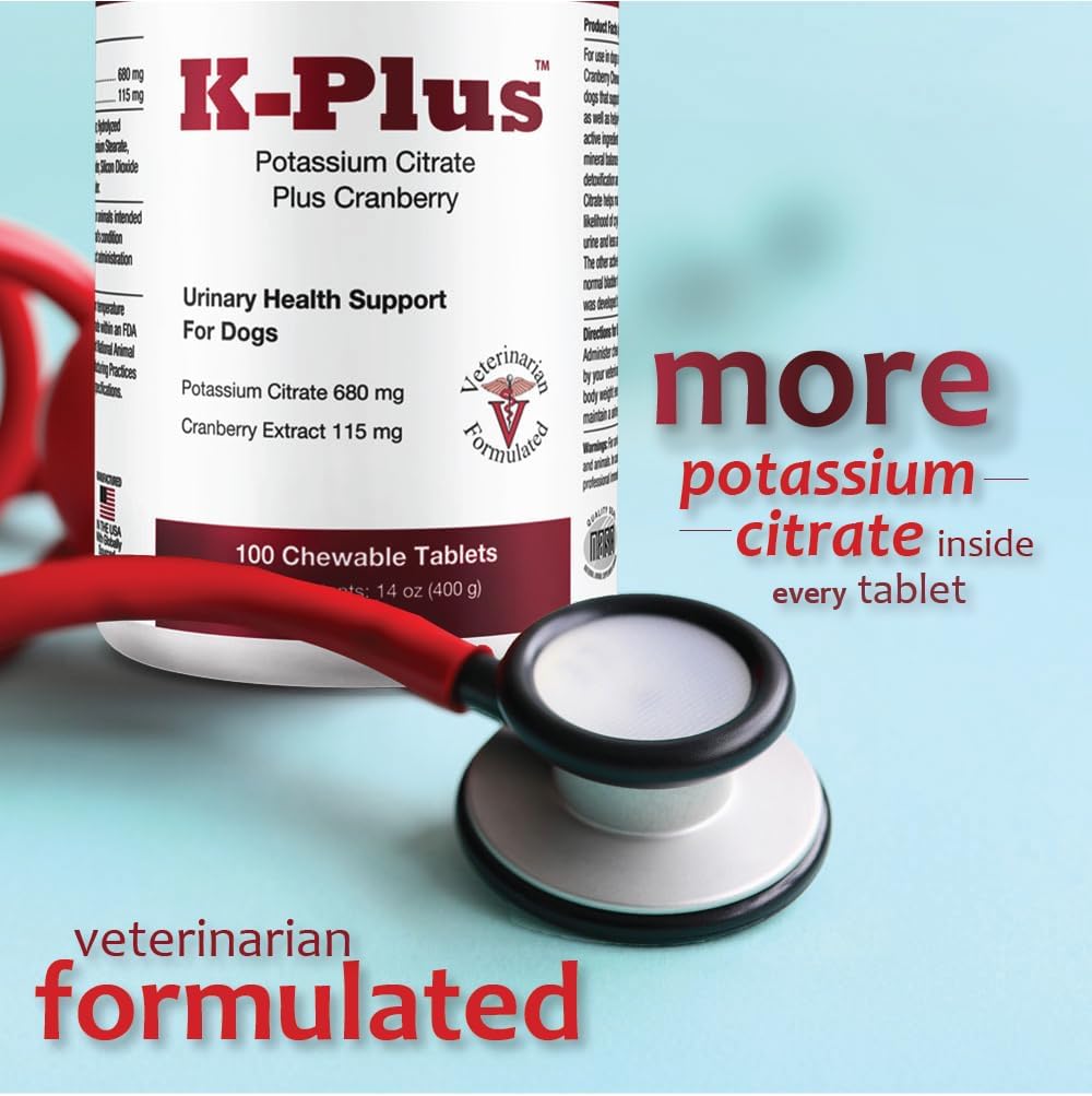 Dog UTI Remedy: K-Plus Potassium Citrate & Cranberry Chewable Tablets - Supports Bladder Health for All Breeds - 100 Tabs