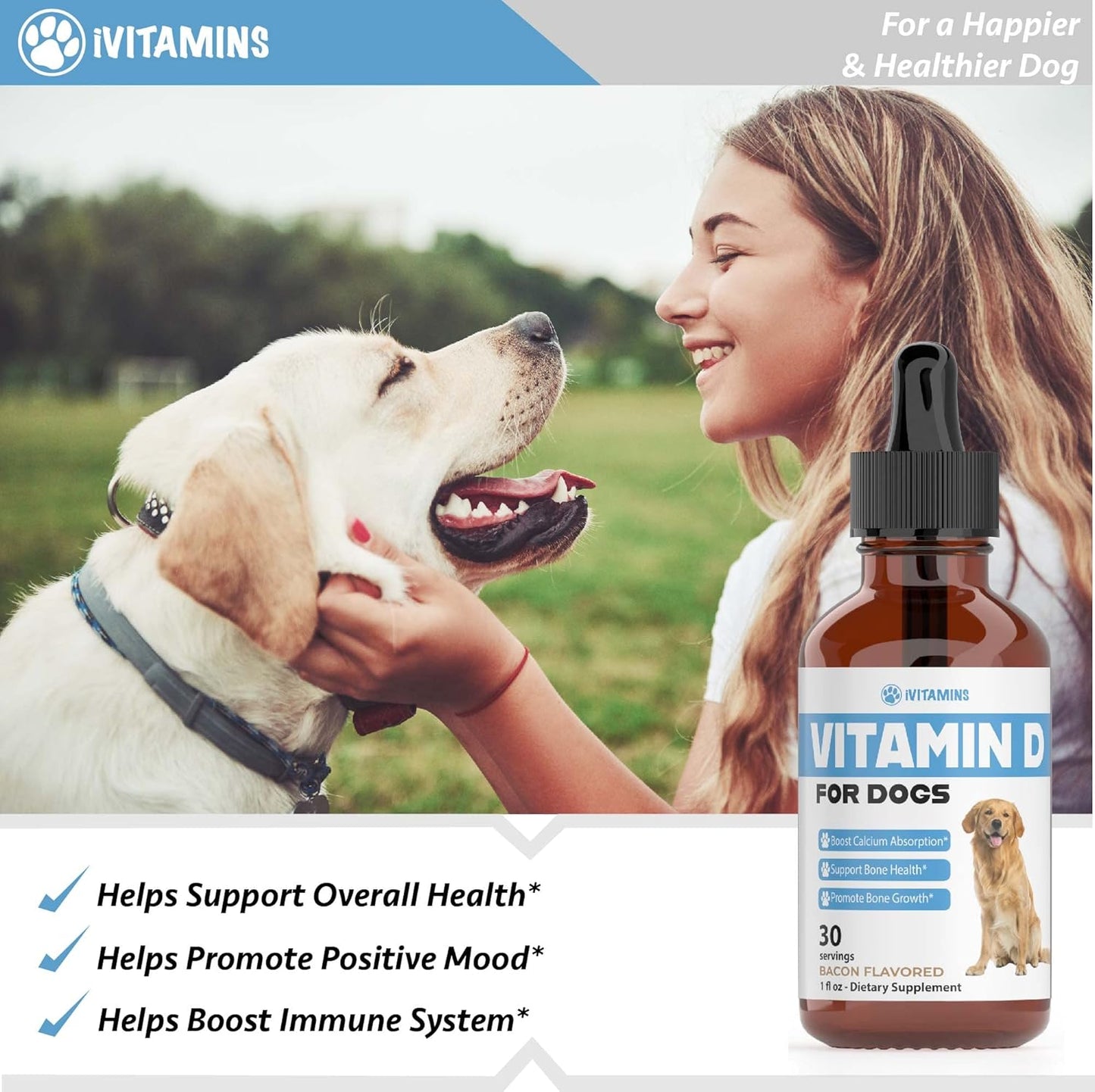 Dog Vitamin D Supplement for Strong Bones and Health | 1 fl oz Bottle of Multivitamins for Dogs