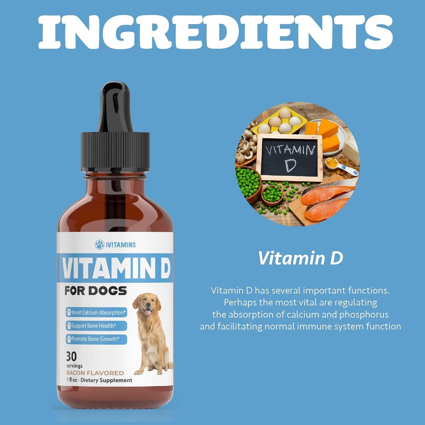 Dog Vitamin D Supplement for Strong Bones and Health | 1 fl oz Bottle of Multivitamins for Dogs