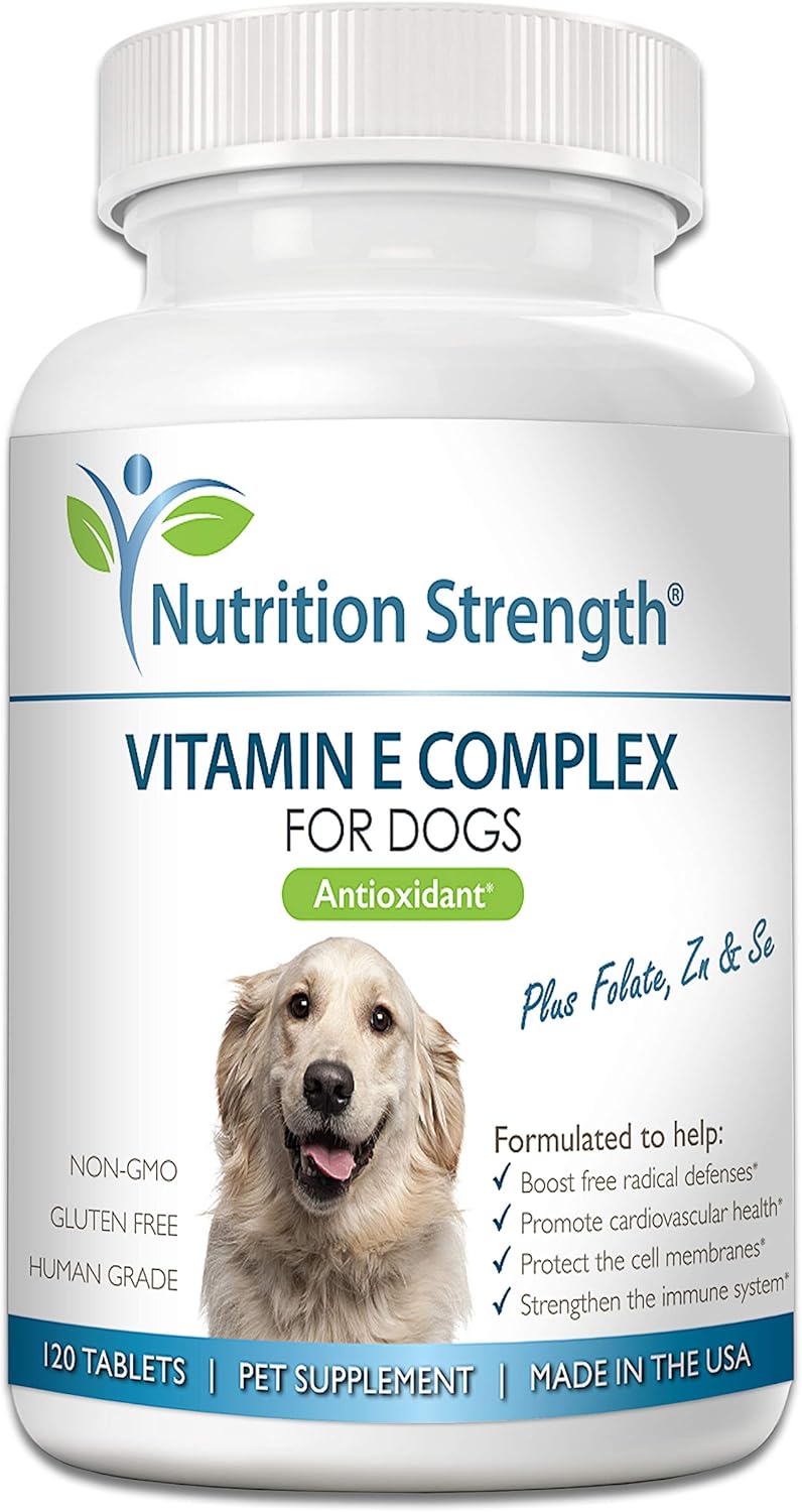 Dog Vitamin E Complex with Zinc, Selenium, Folate & Salmon Oil - 120 Chewable Tablets for Cardiovascular Health & Immune System Support