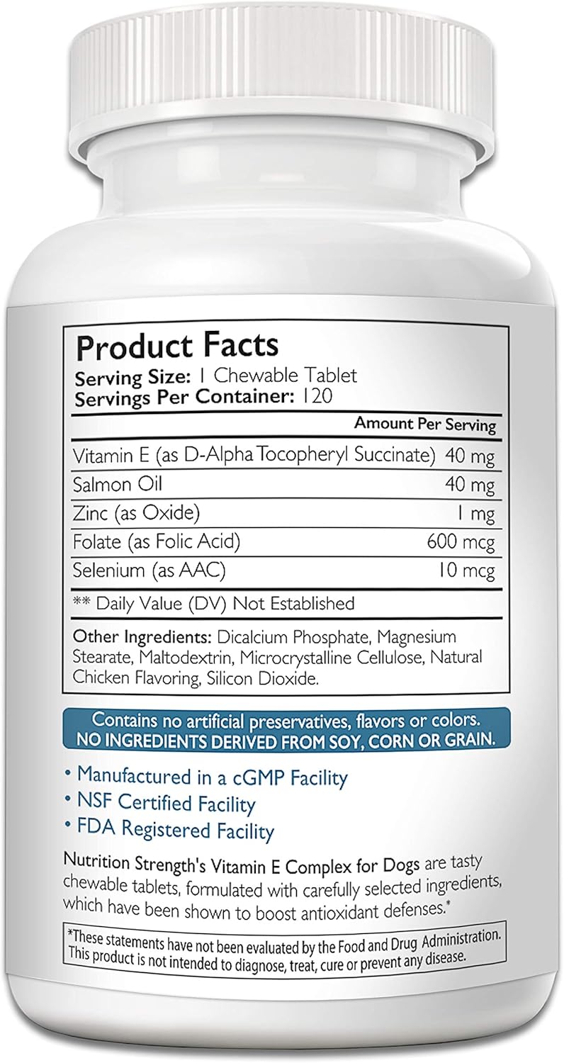 Dog Vitamin E Complex with Zinc, Selenium, Folate & Salmon Oil - 120 Chewable Tablets for Cardiovascular Health & Immune System Support